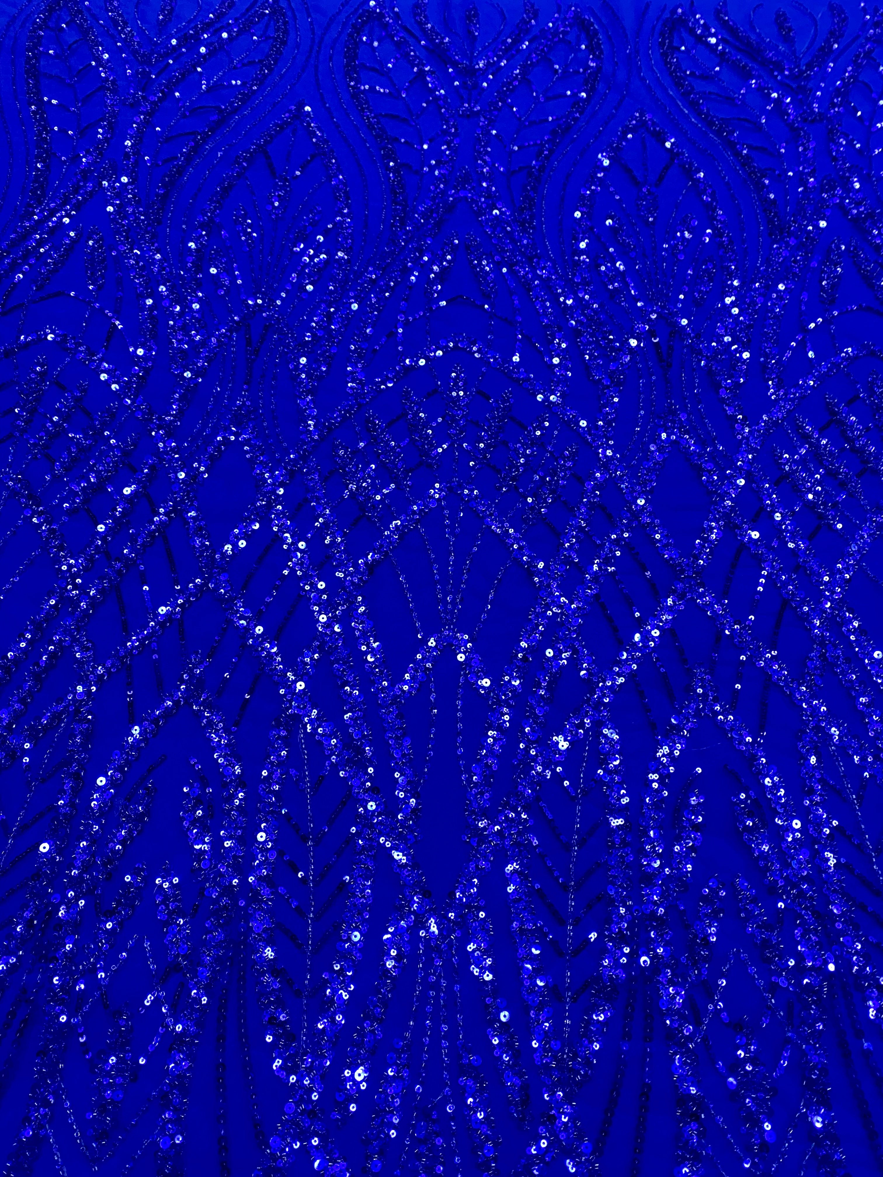Dantela Couture Albastru Royal cu Model Geometric, cu Margele si Paiete