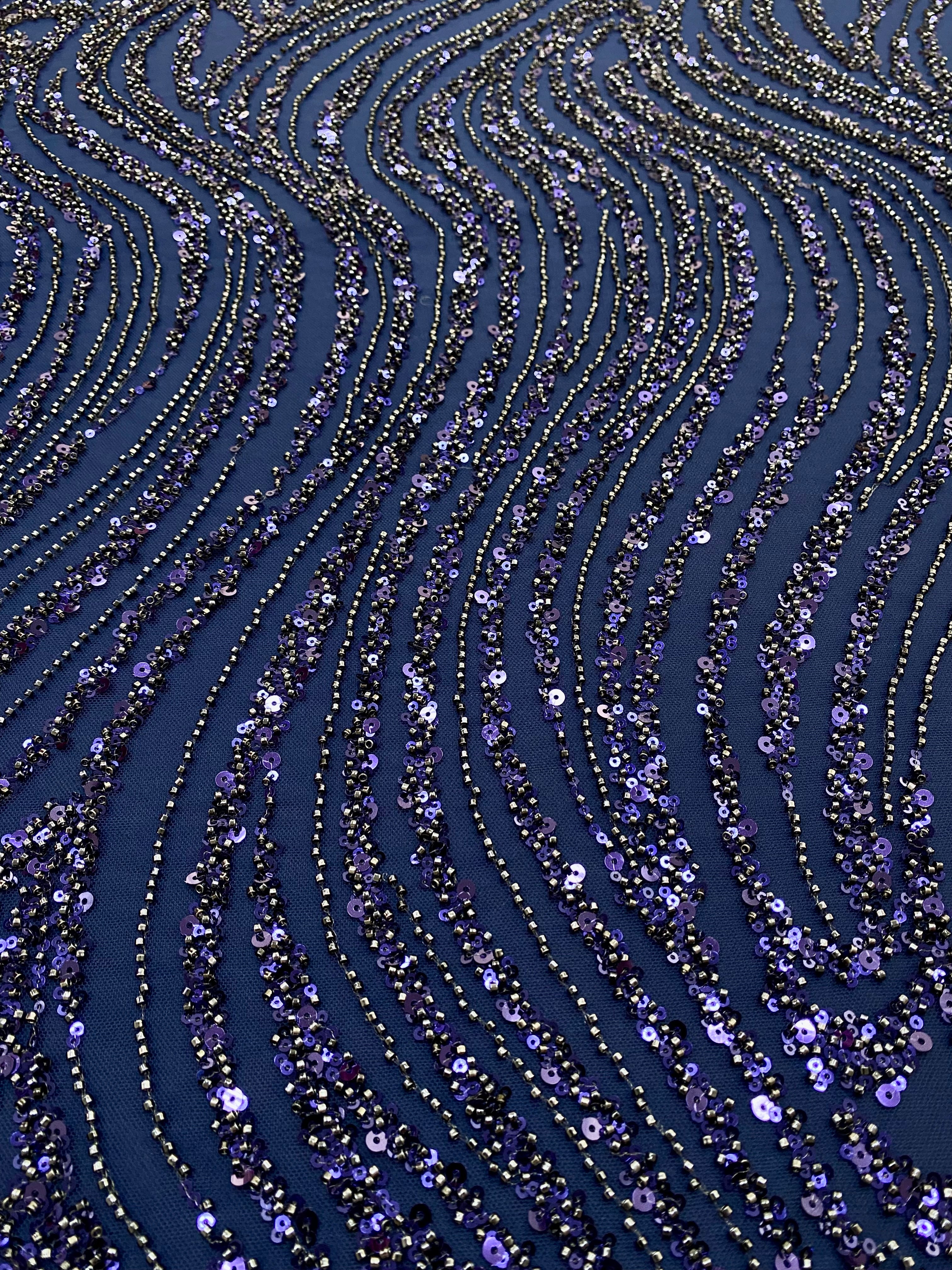 Navy Blue Couture Lace with Linear Pattern, Beads and Sequins