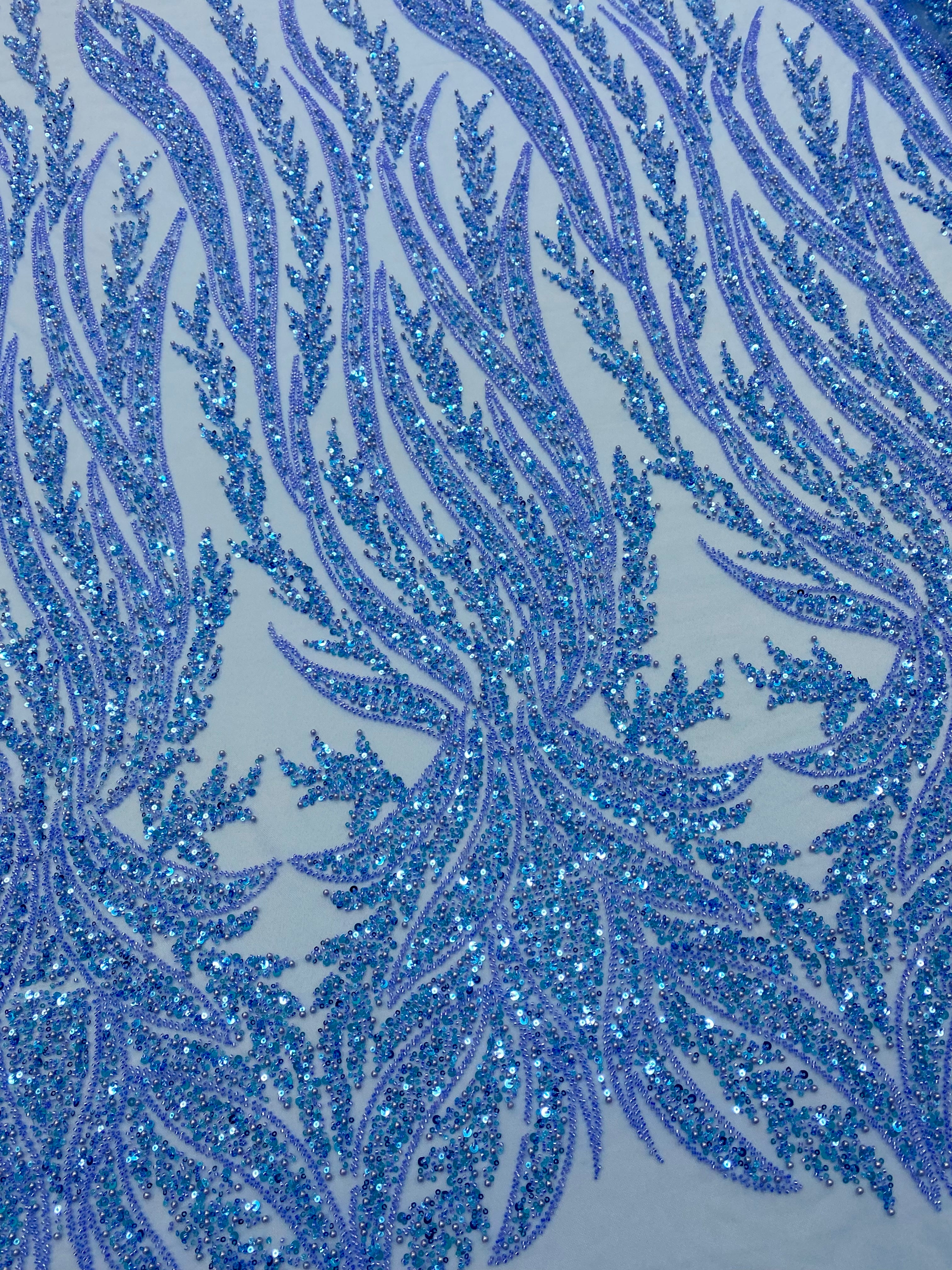 Dantela Couture Sky Blue cu Panou, cu Perle, Margele si Paiete