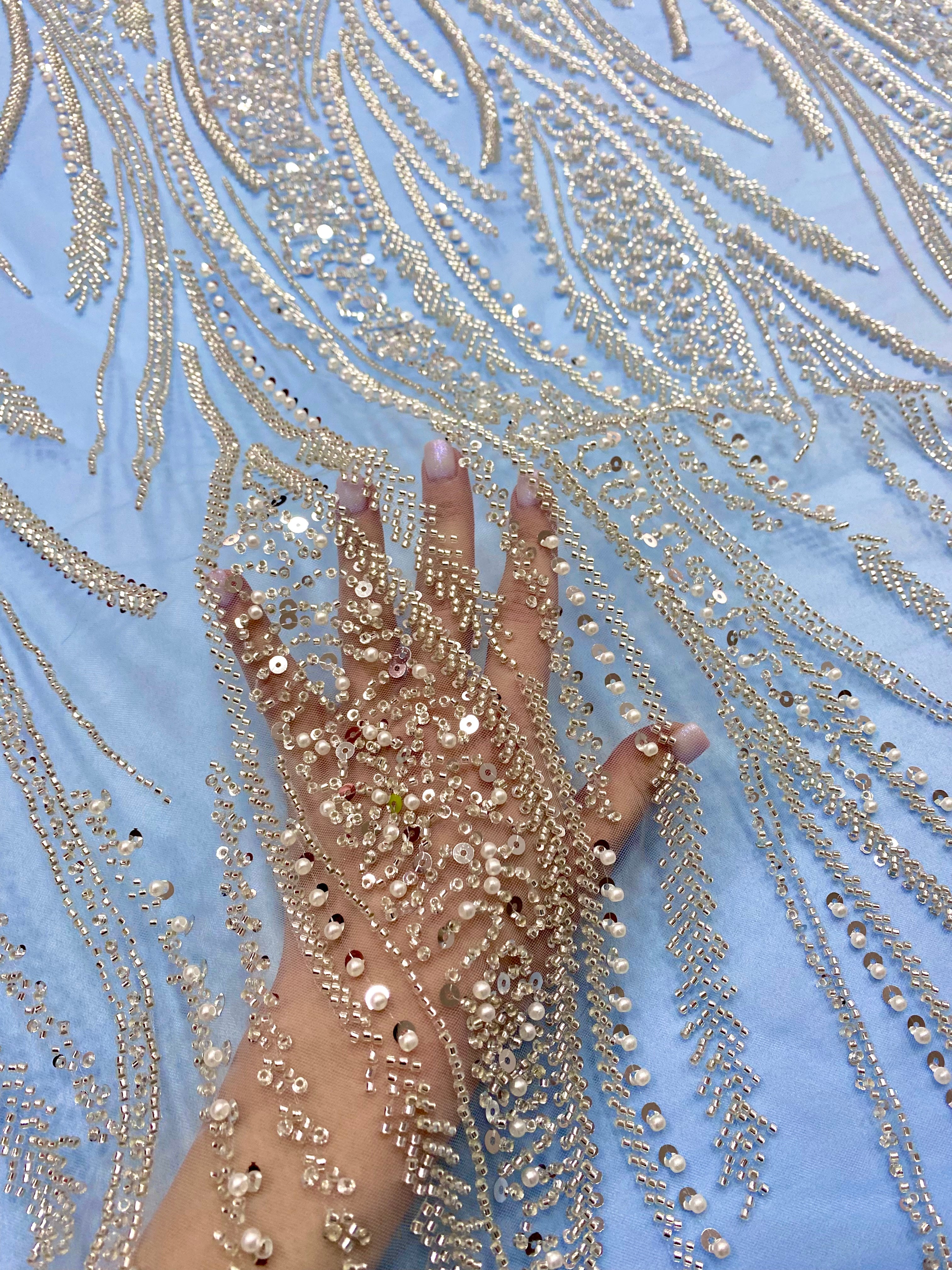 Silver Lace with Linear Pattern, with Pearls and Sequins