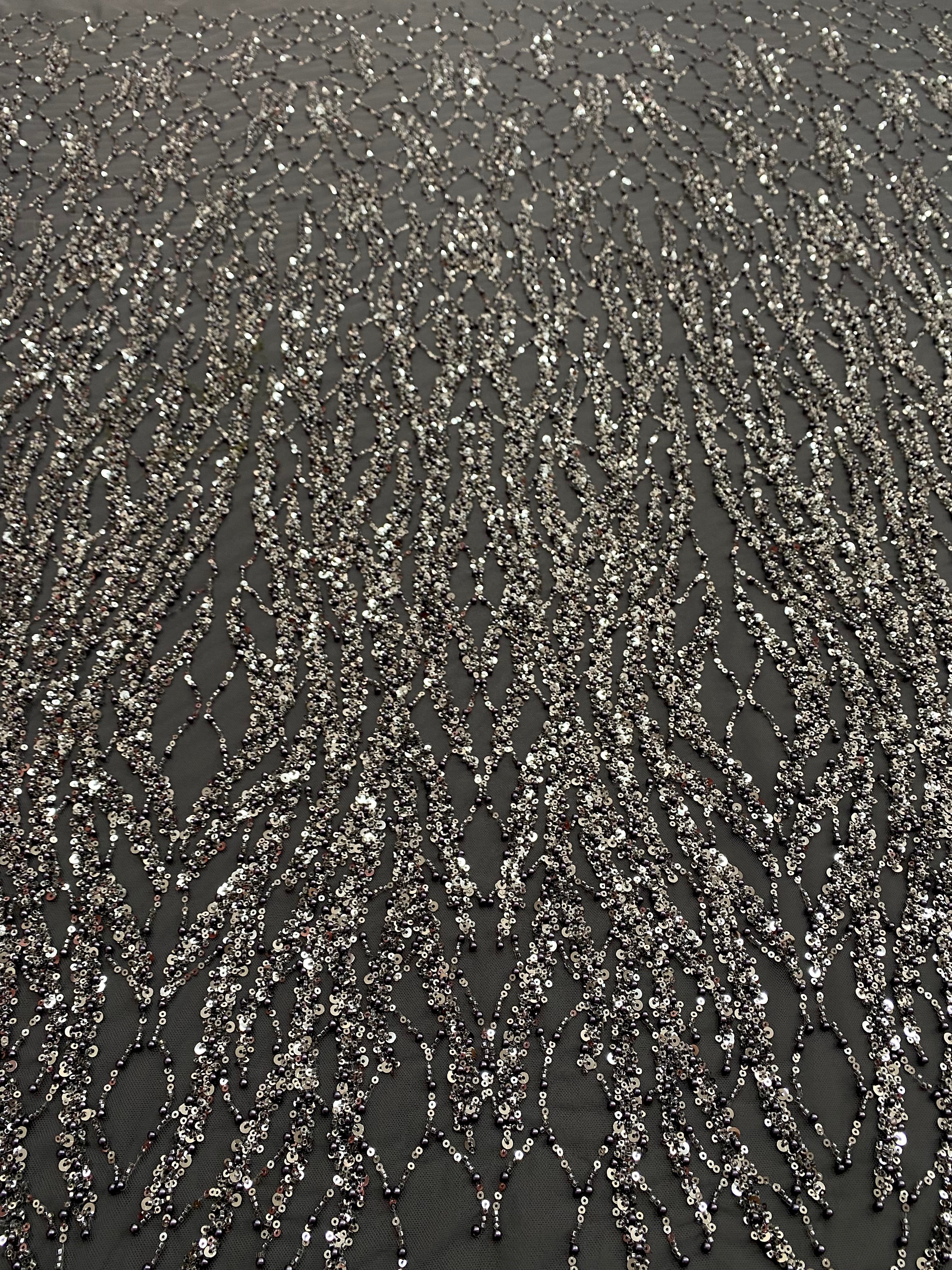 Silver Lace with Linear Pattern, with Pearls and Sequins