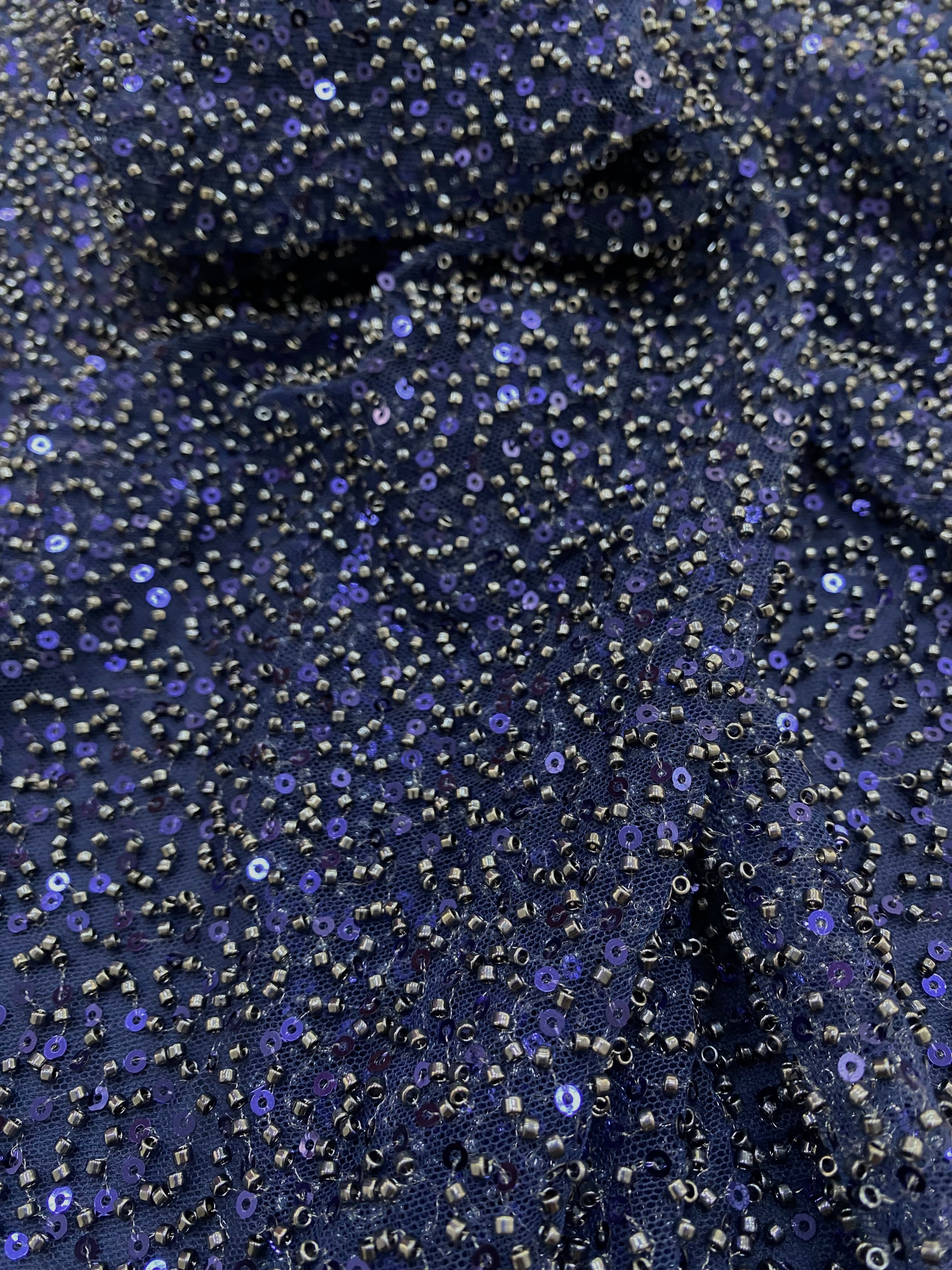 Navy Blue Couture Lace with General Pattern, with Beads and Sequins 