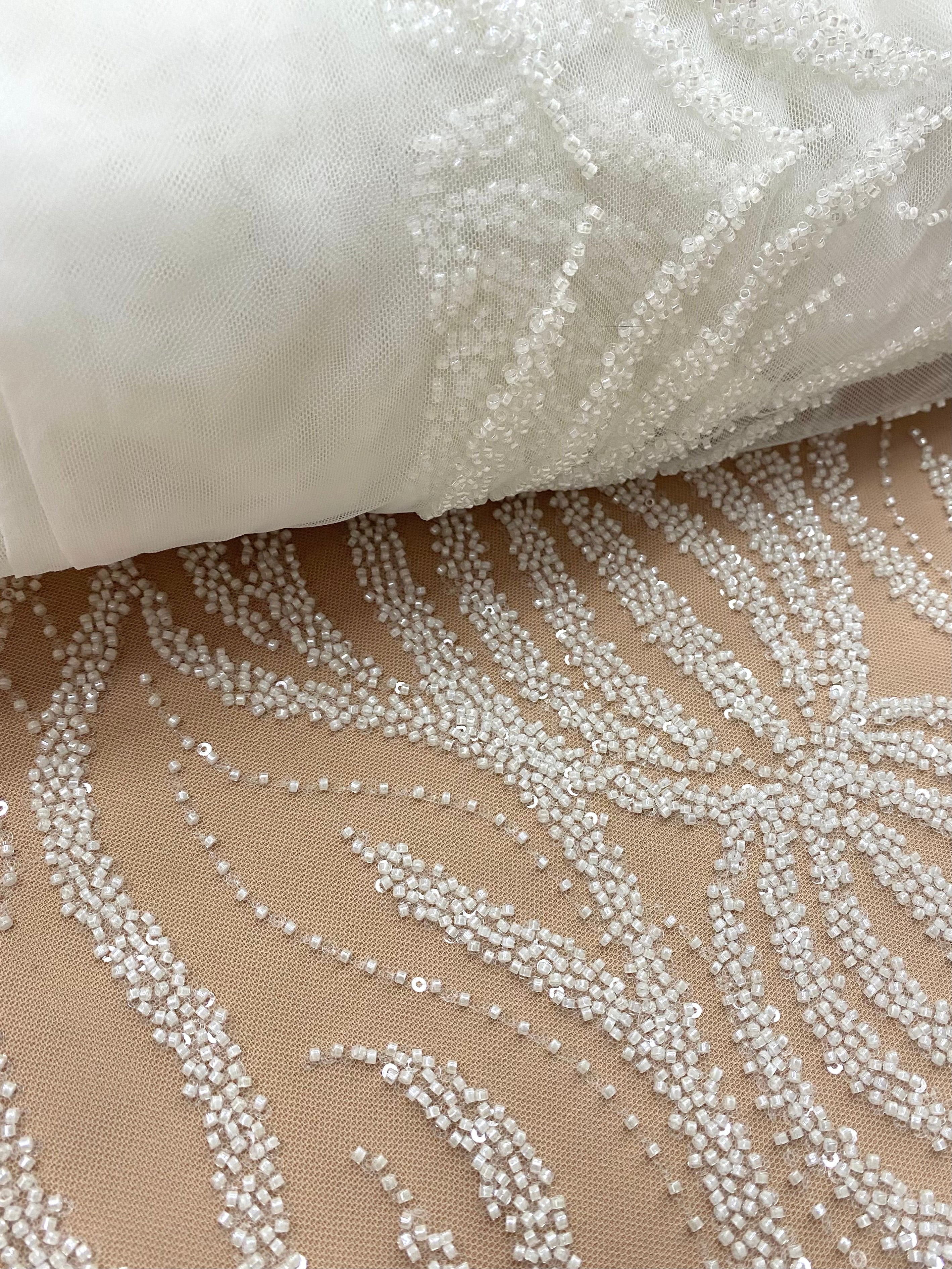 Ivory Couture Lace with Geometric Pattern, Beads and Sequins