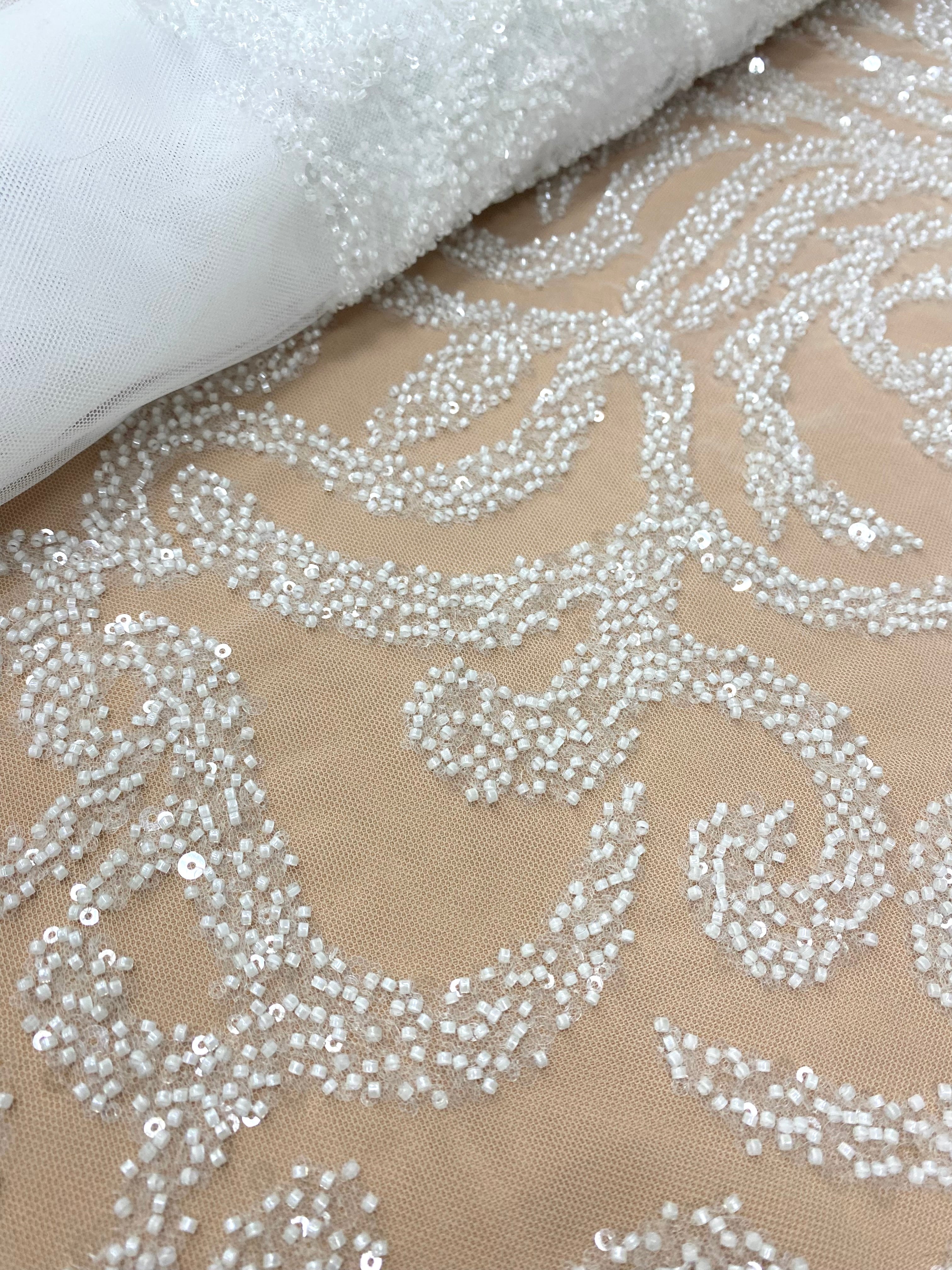Dantela Couture Ivory cu Model Geometric, cu Margele si Paiete