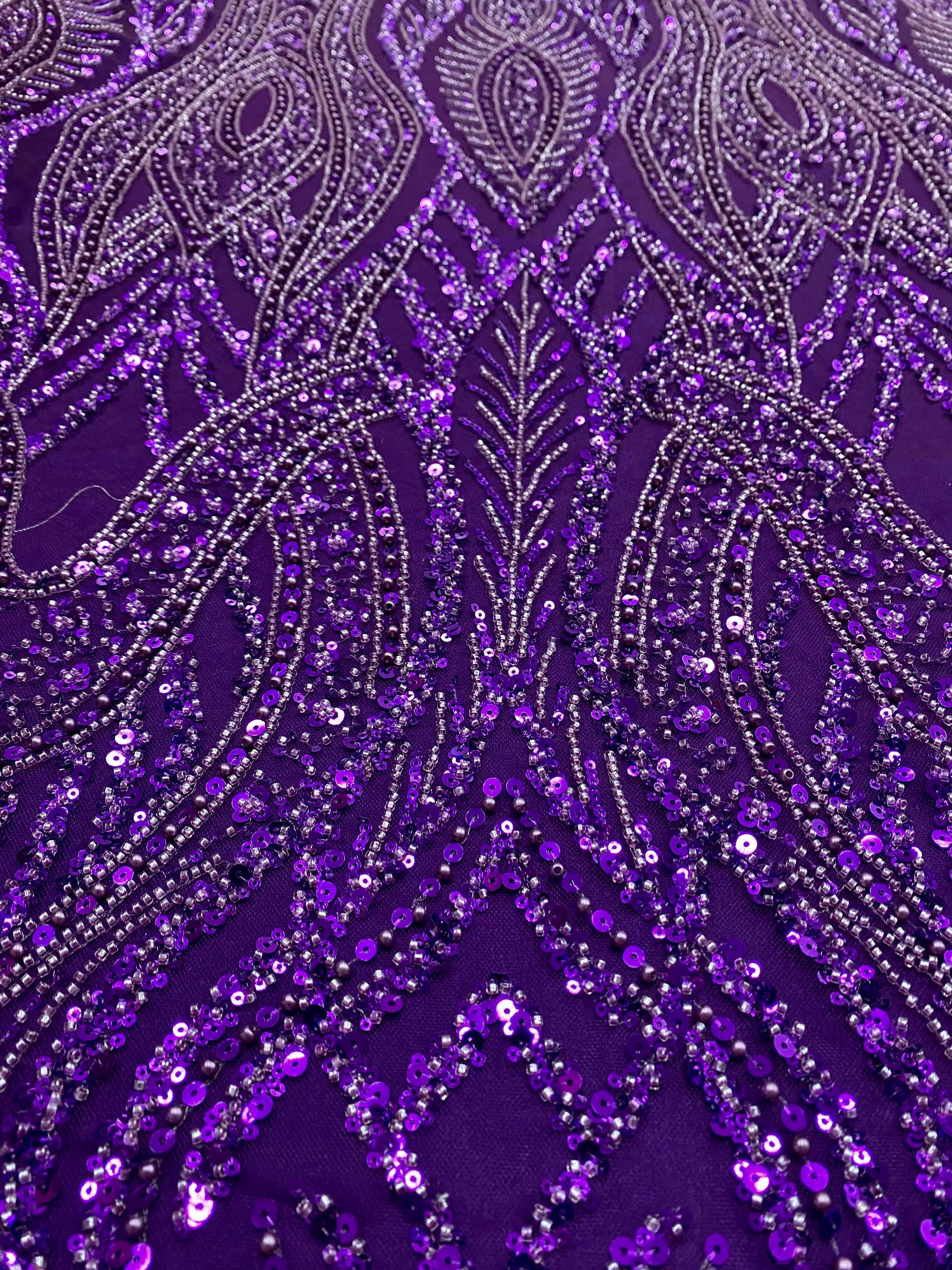 Dantela Couture Mov Inchis cu Model Geometric, Perle, Margele si Paiete