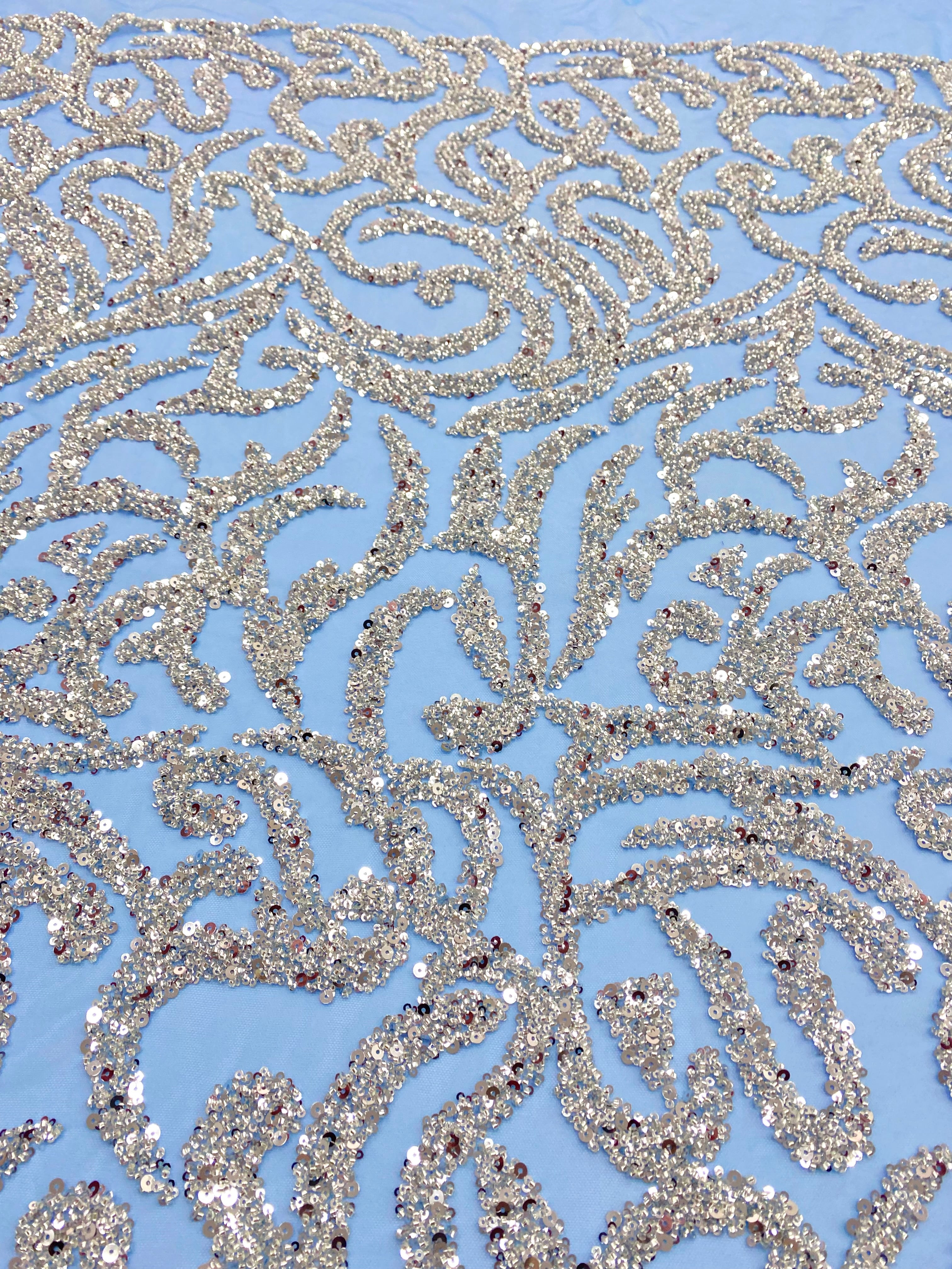 Silver Couture Lace on Blue Tulle, with Symmetrical Pattern, with Beads and Sequins 