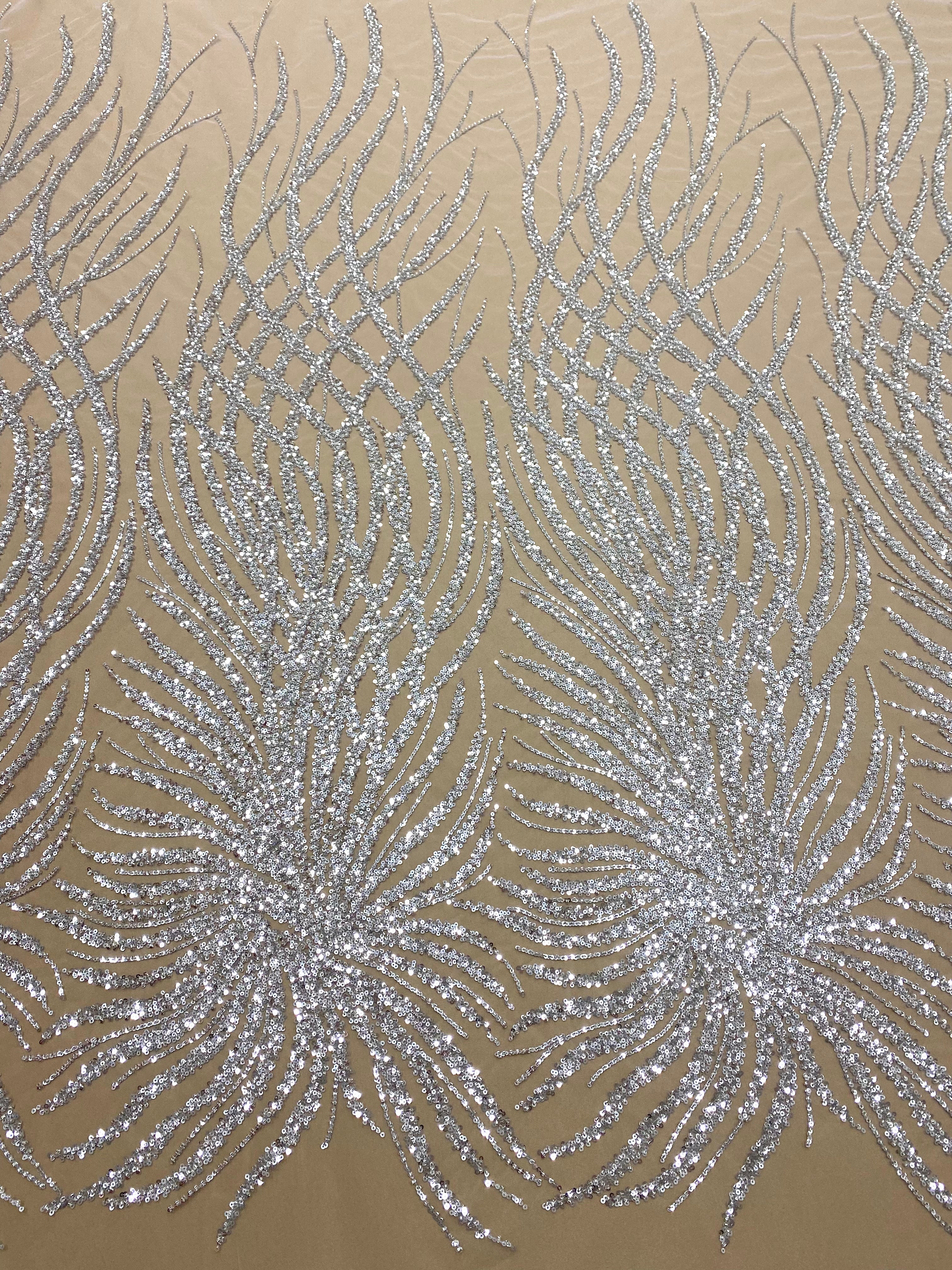 Silver Lace with Geometric Pattern, with Beads and Sequins