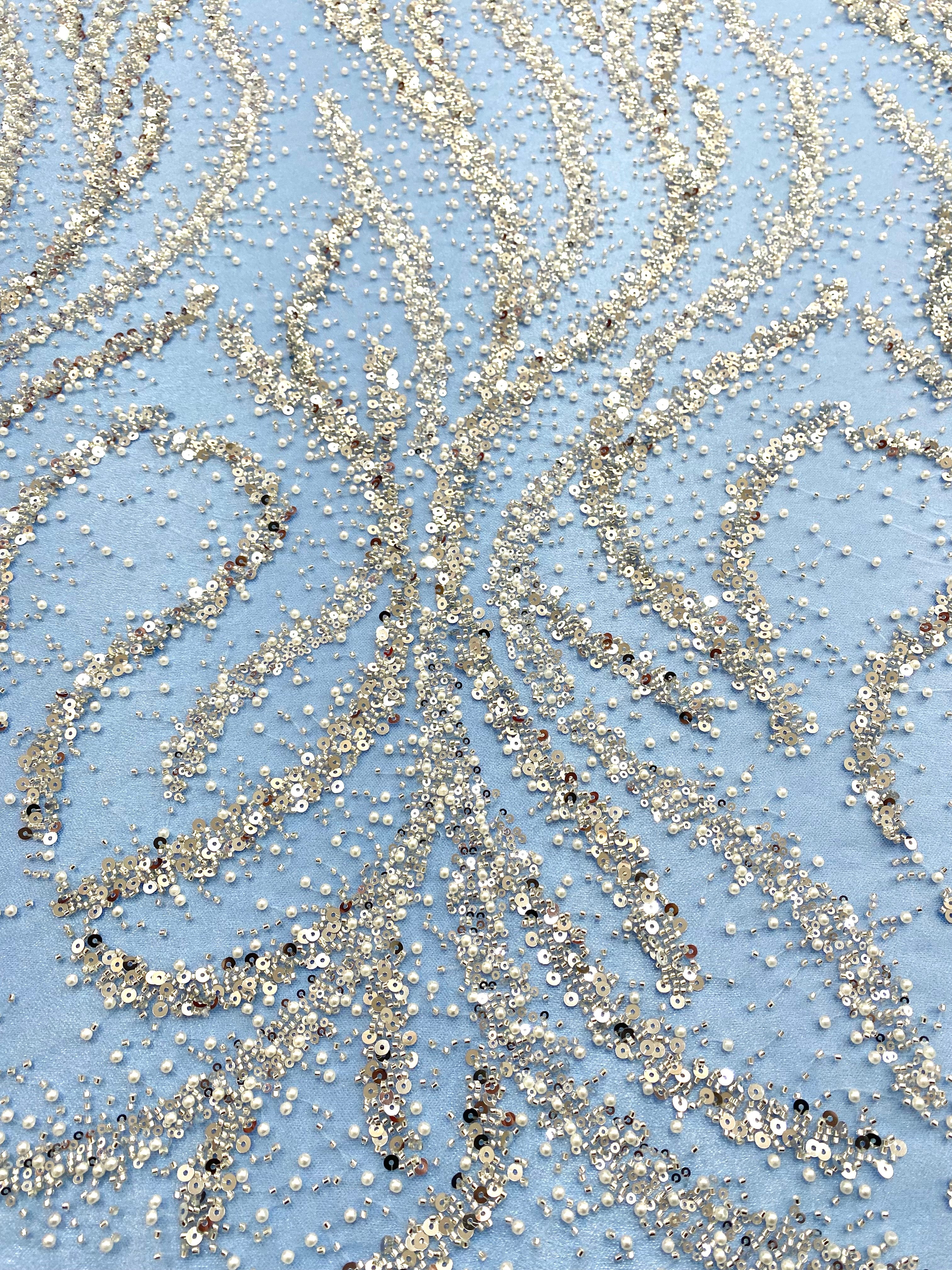 Silver Couture Lace on Blue Tulle with Pearls, Beads and Sequins 