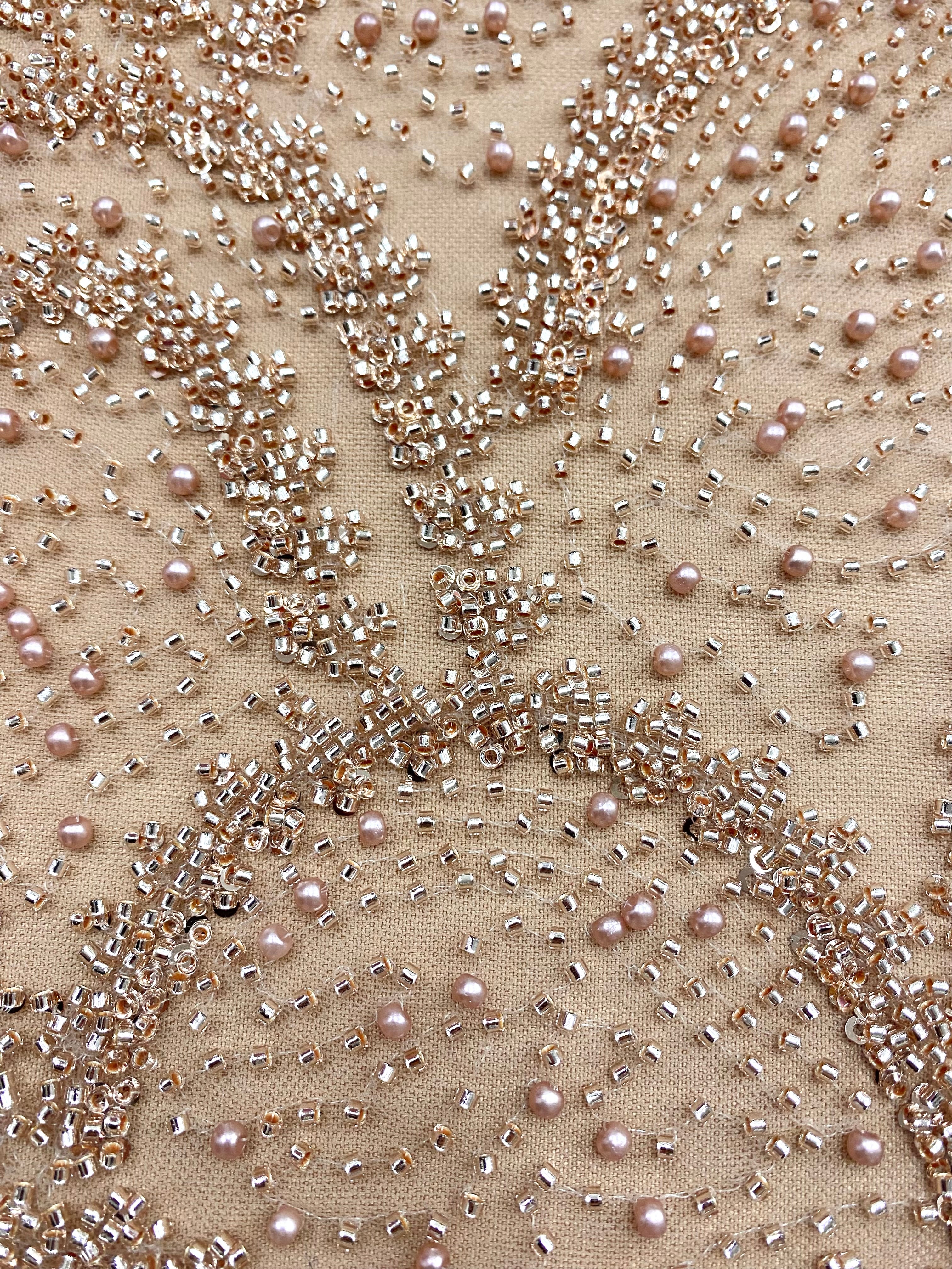 Rose Gold Couture Lace with Geometric Pattern, with Pearls, Beads and Sequins 