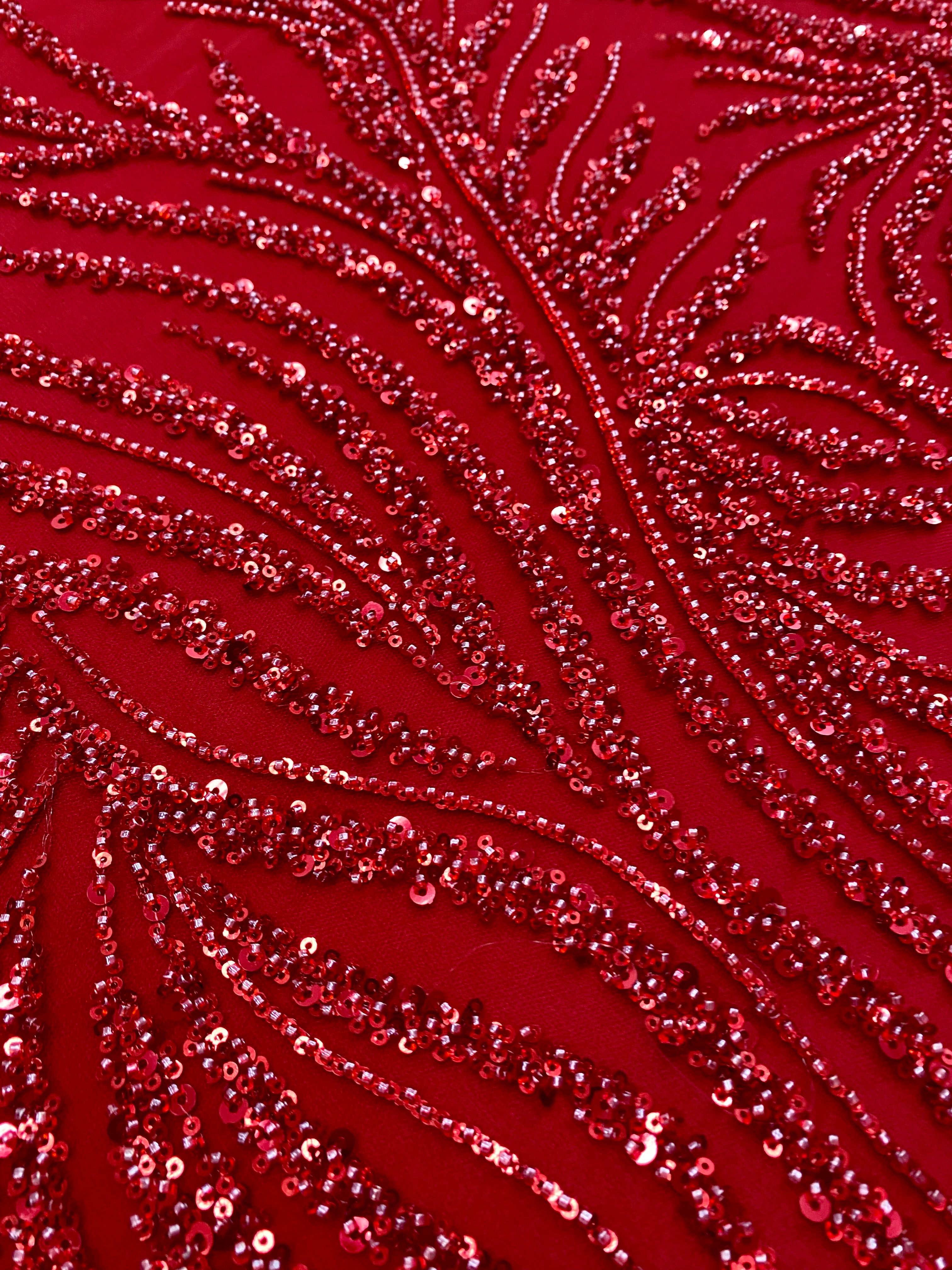 Red Couture Lace with Strings, Beads and Sequins