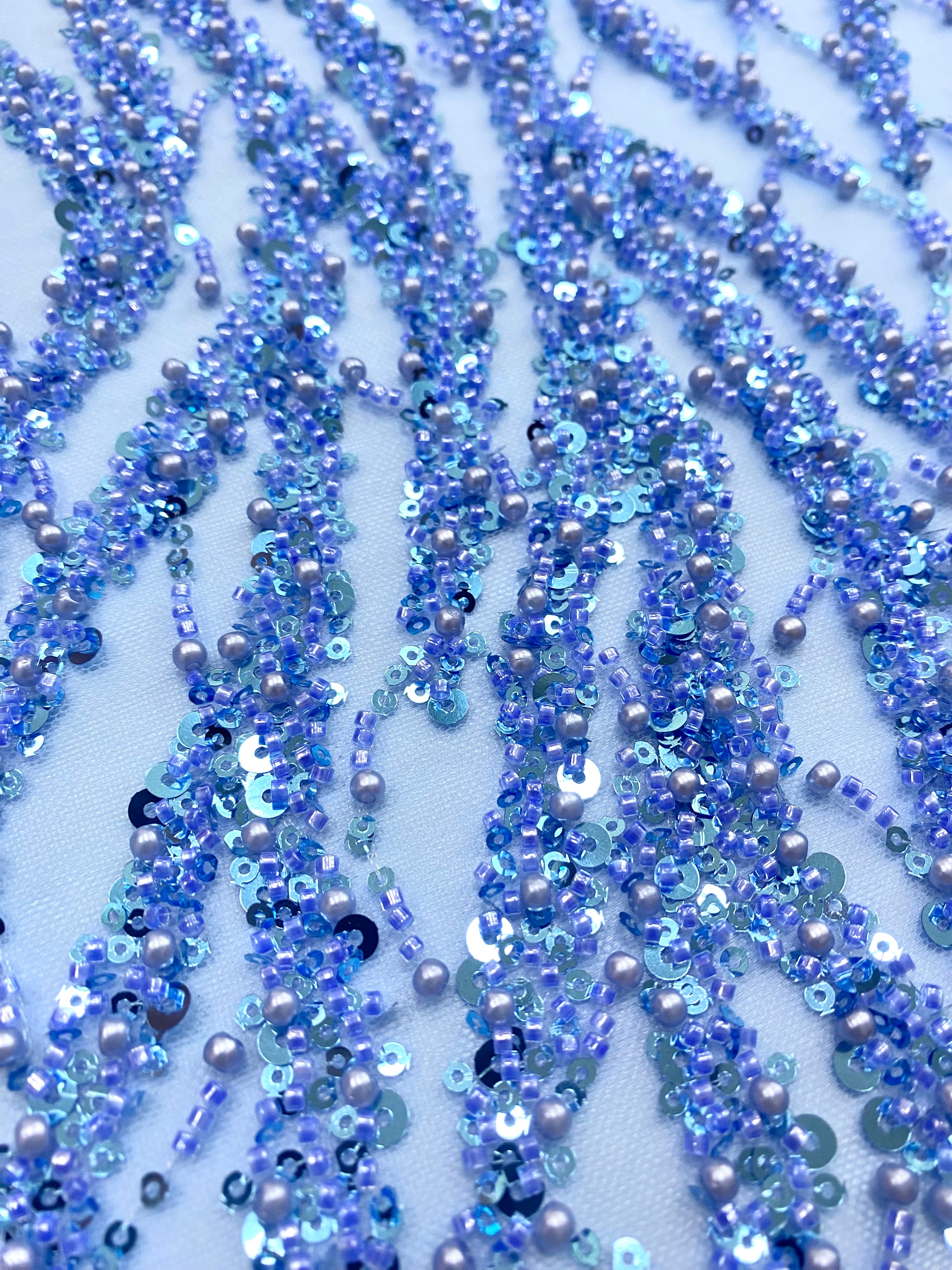 Dantela Couture Sky Blue cu Siraguri cu Perle, Margele si Paiete