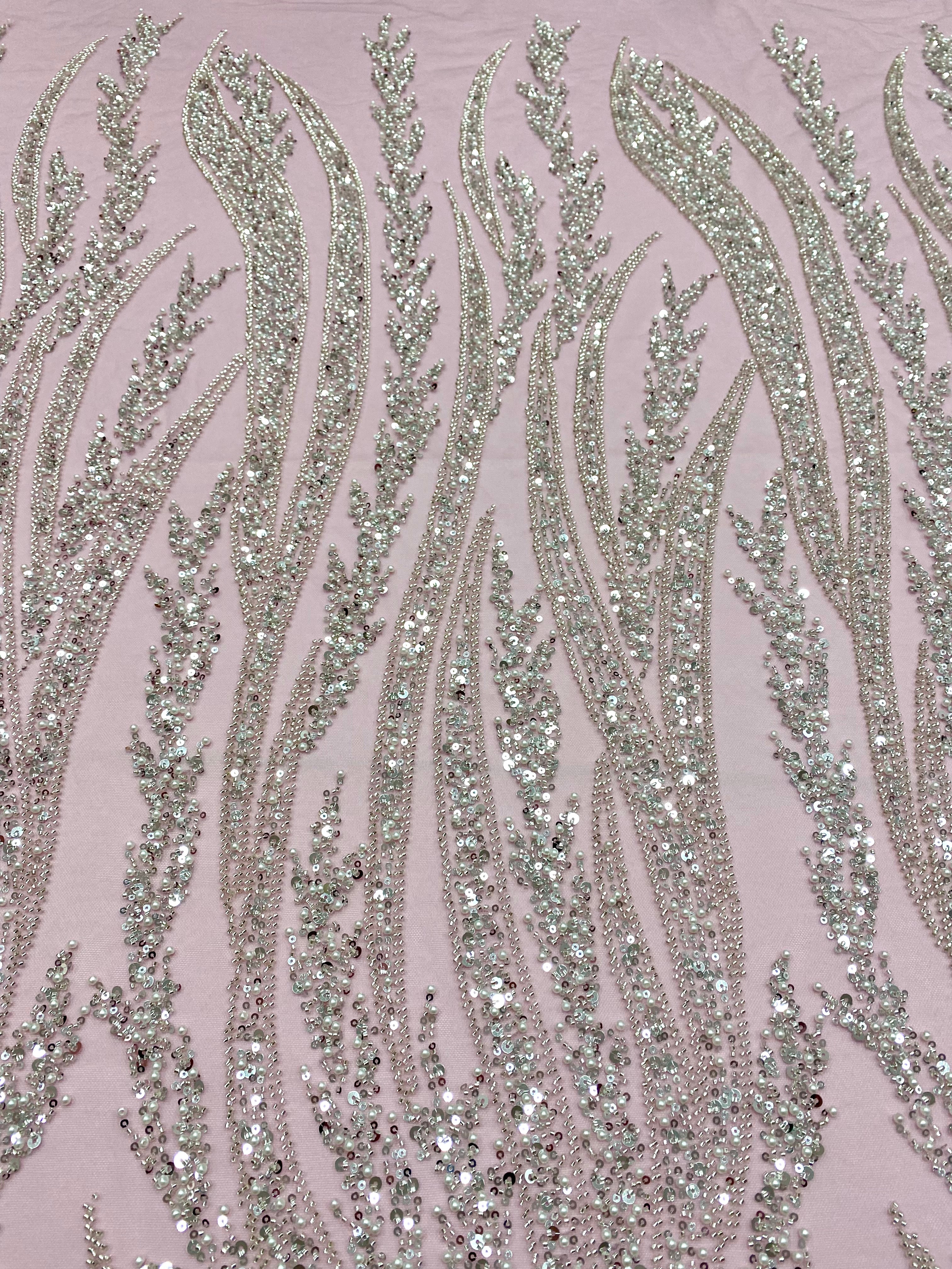 Silver Couture Lace on Blue Tulle, with Symmetrical Pattern, with Beads and Sequins 
