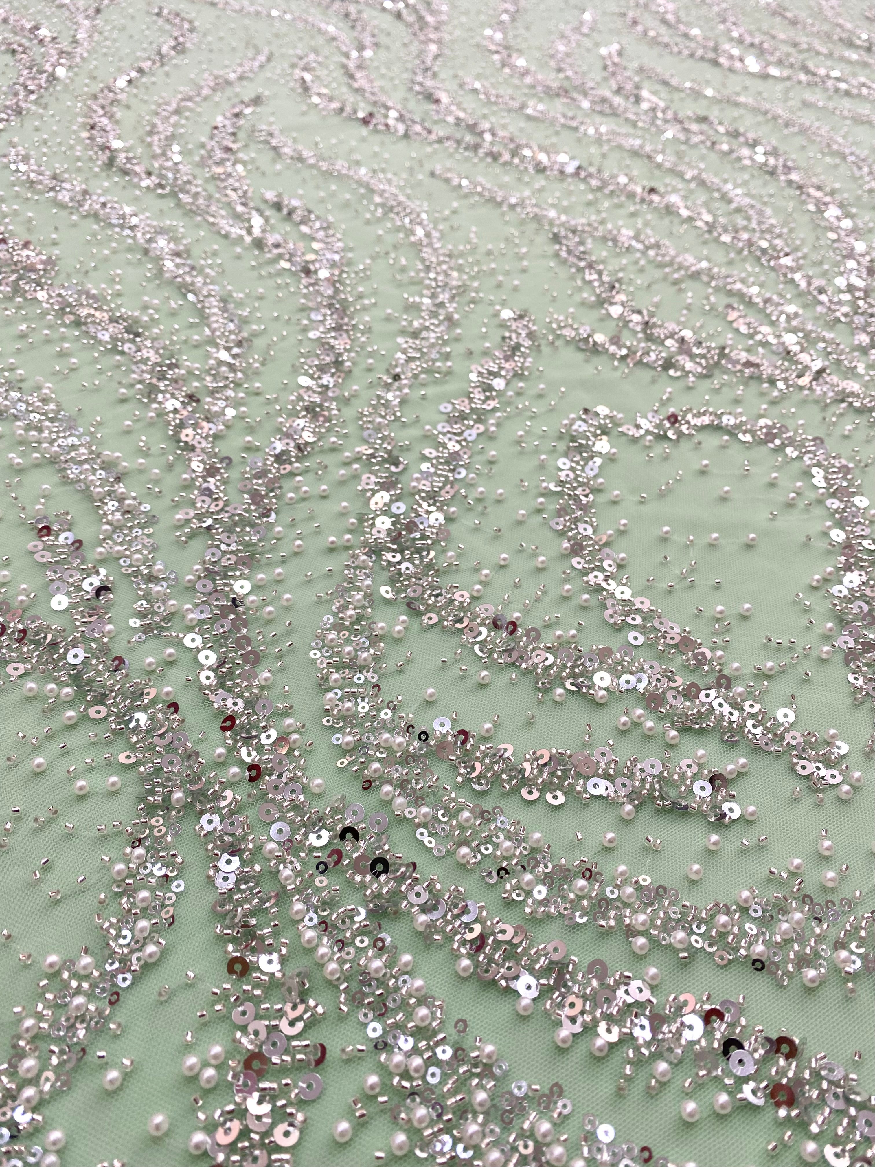 Silver Couture Lace on Mint Green Tulle with Pearls, Beads and Sequins
