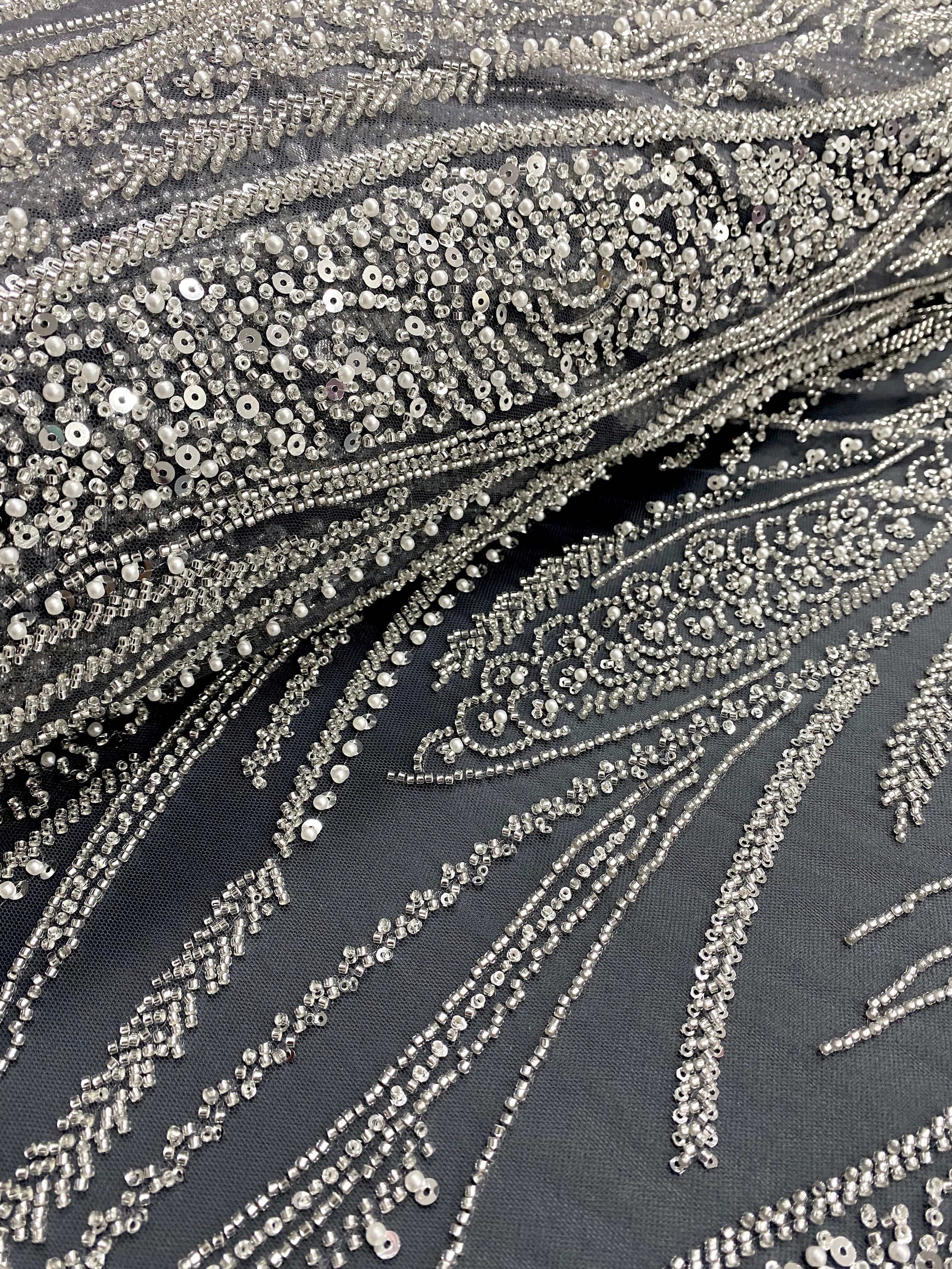 Silver Couture Lace on Anthracite Tulle with Panel, with Pearls, Beads and Sequins