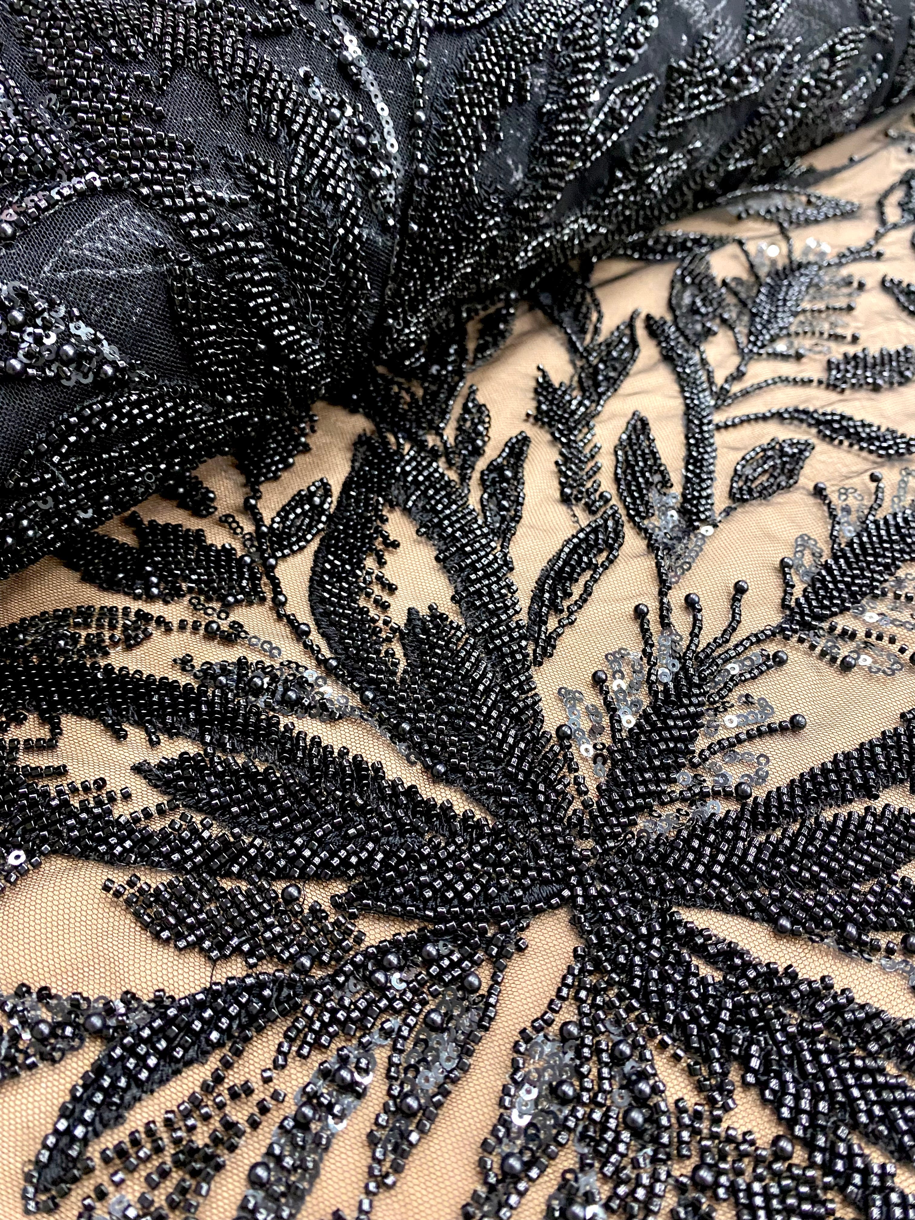 Black Couture Lace with Floral Pattern, with Pearls, Beads and Sequins 