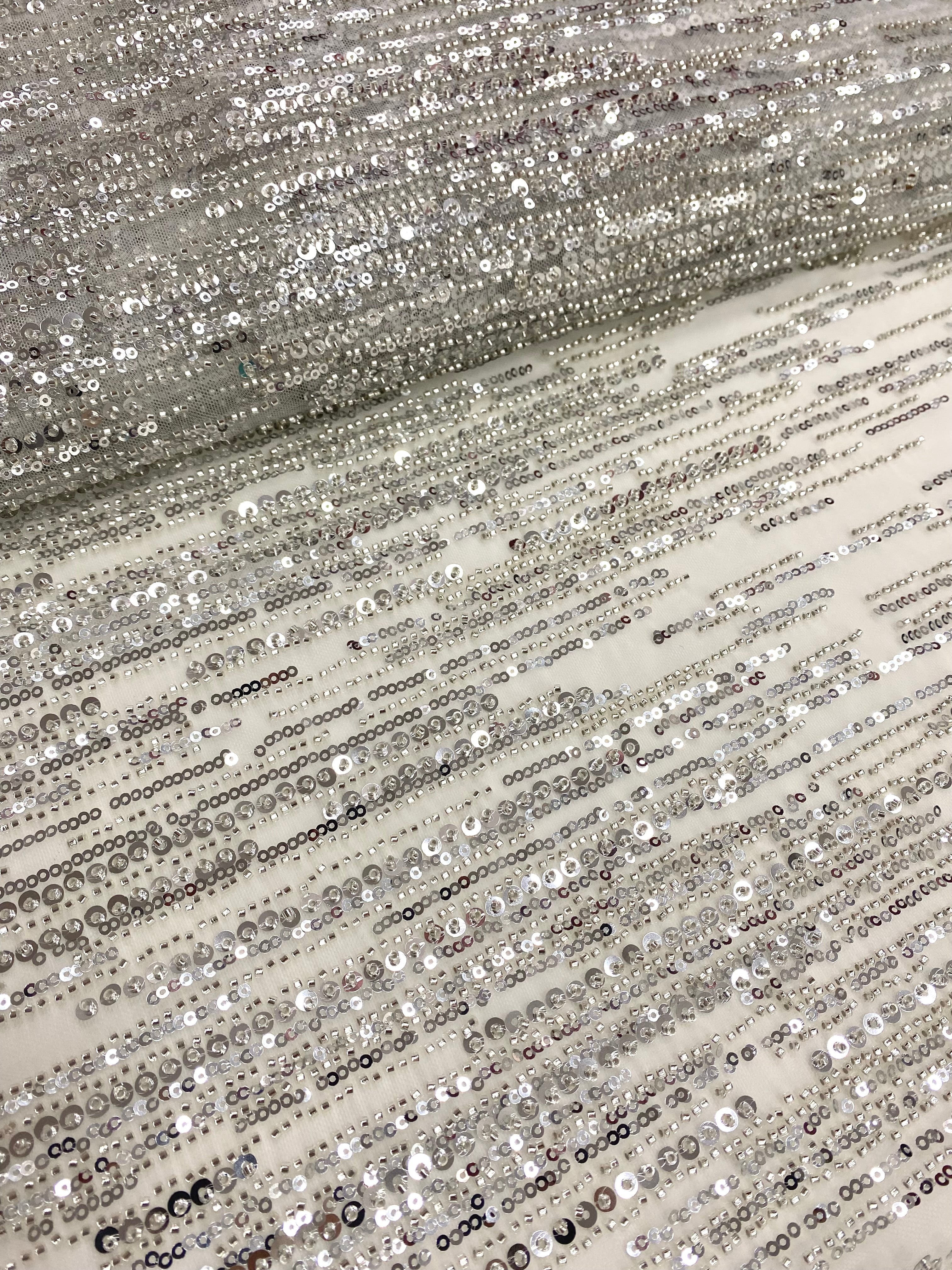 Silver Couture Lace on Ivory Tulle with Linear Pattern, with Beads and Sequins