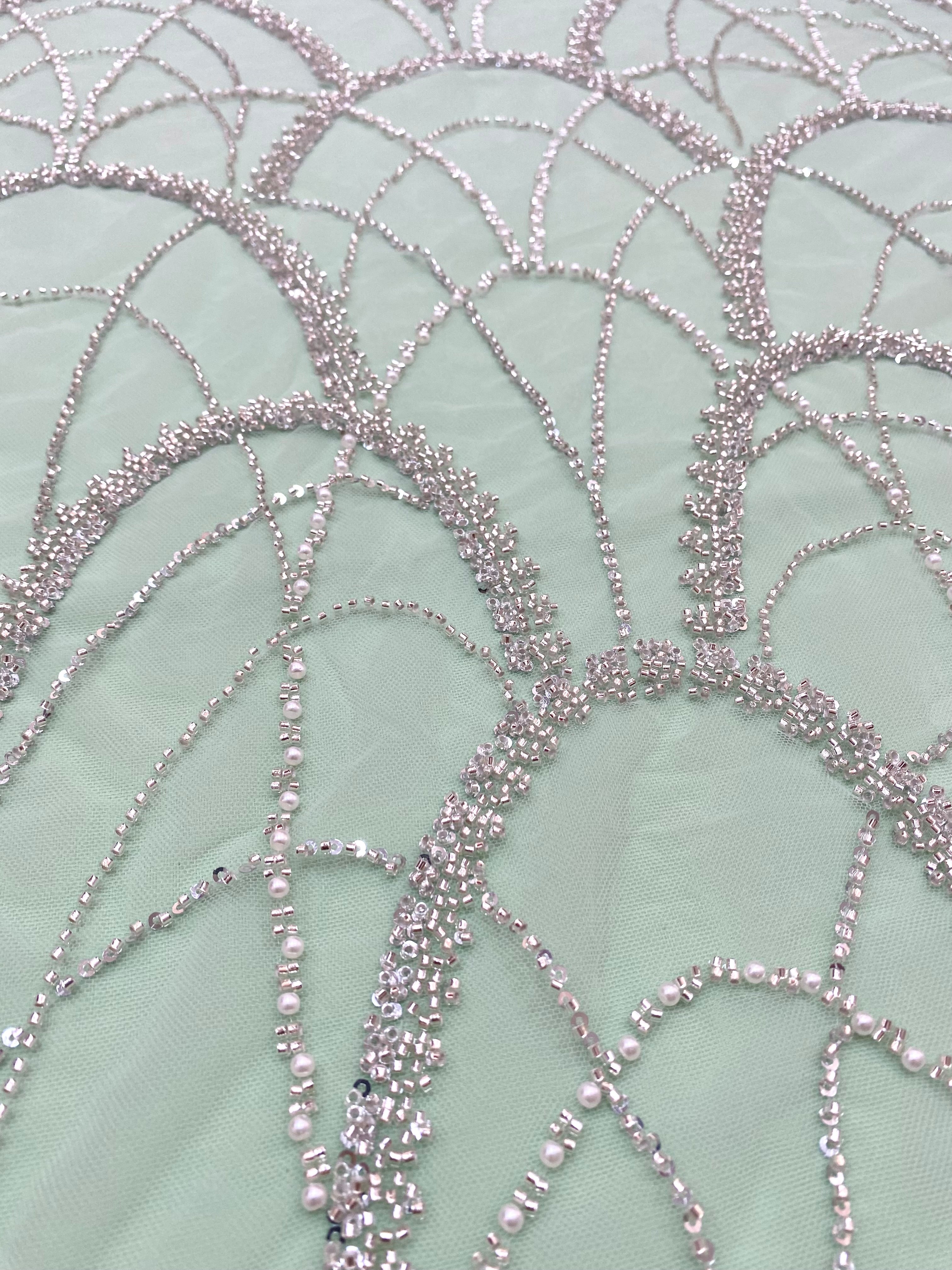 Silver Couture Lace on Mint Green Tulle with Geometric Pattern, with Pearls, Beads and Sequins