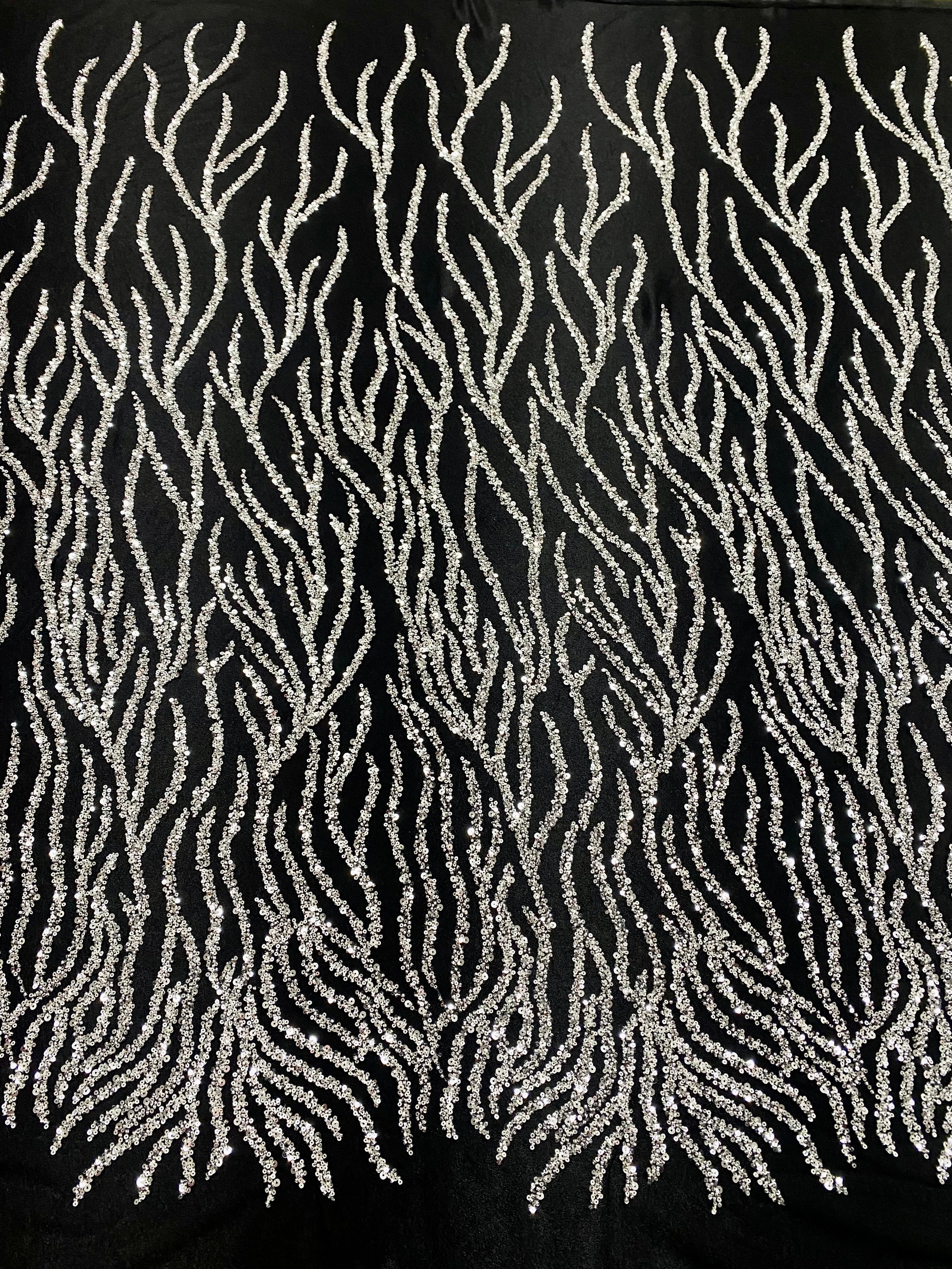 Silver Couture Lace on Black Tulle with Strings, Beads and Sequins