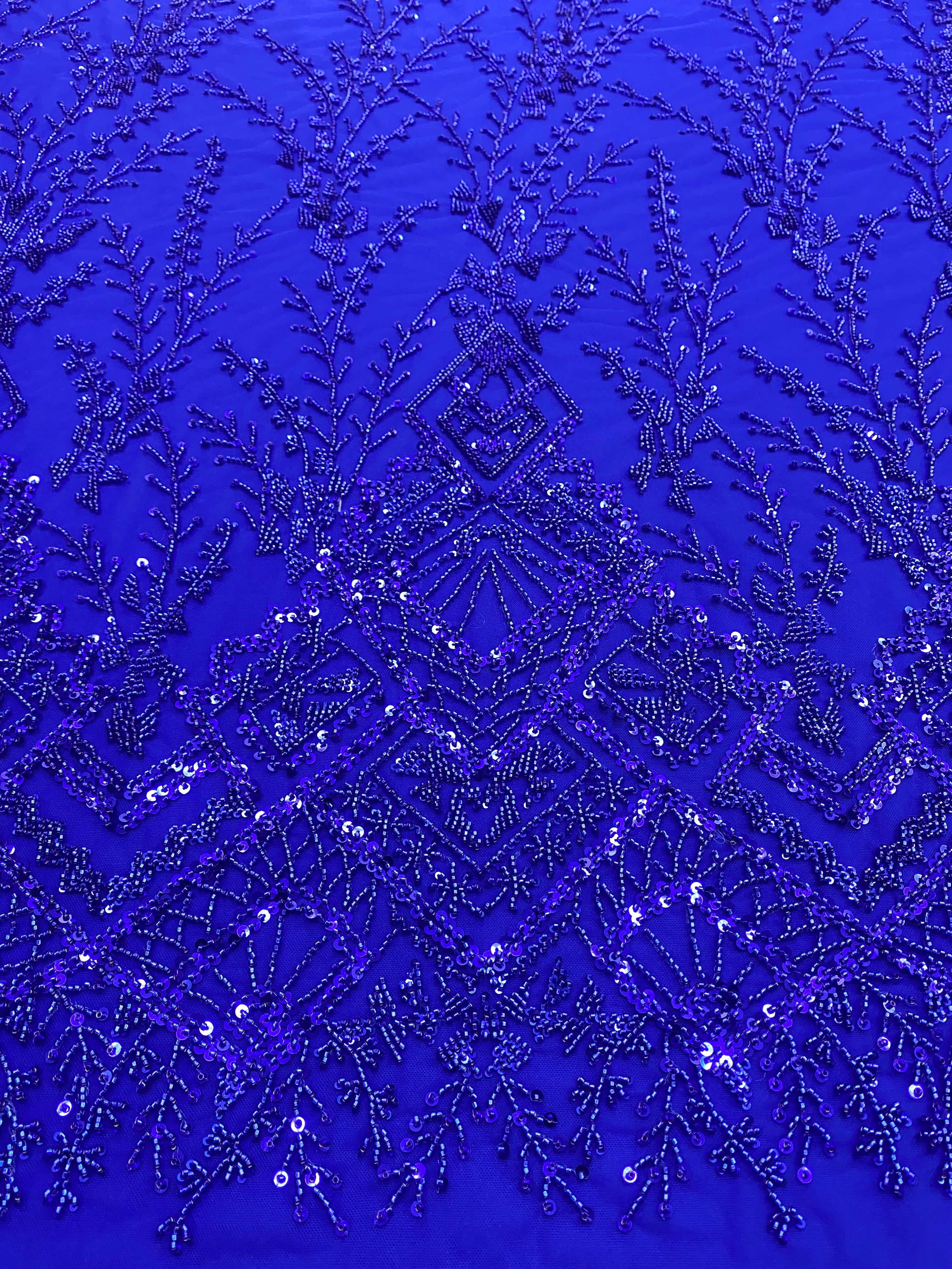 Royal Blue Couture Lace with Geometric Pattern, Beads and Sequins