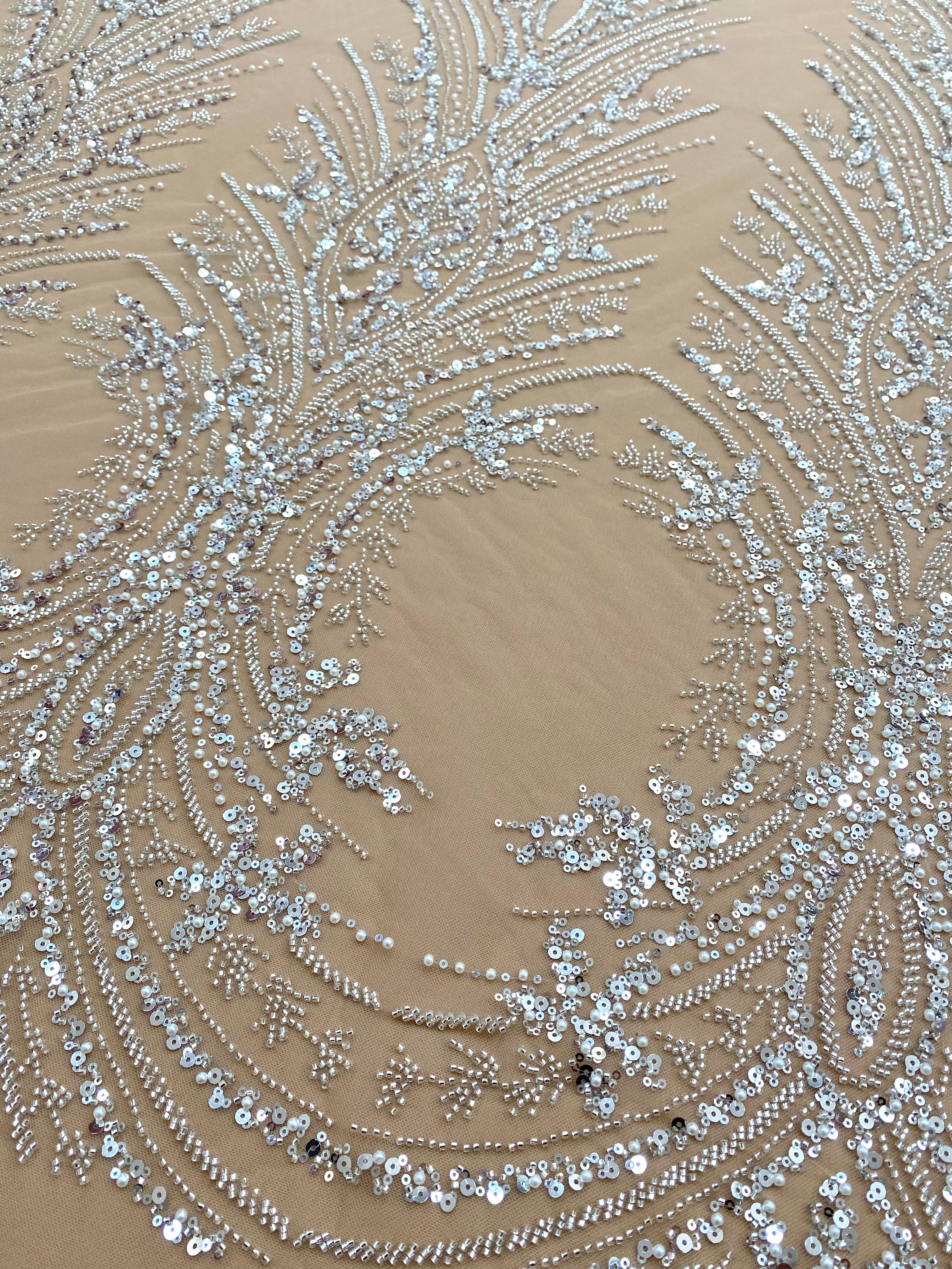Silver Lace with Linear Pattern, with Pearls and Sequins