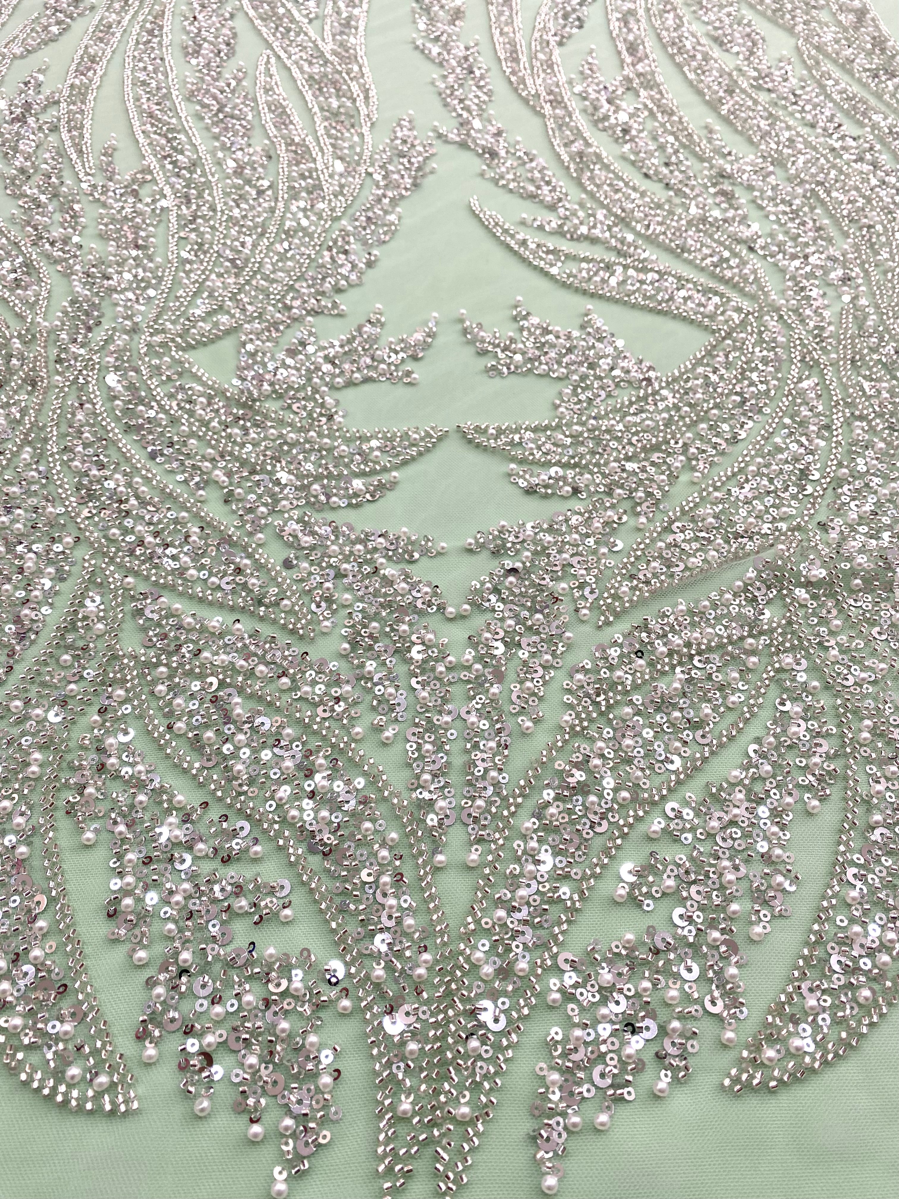 Silver Couture Lace on Mint Green Tulle with Panel, with Pearls, Beads and Sequins