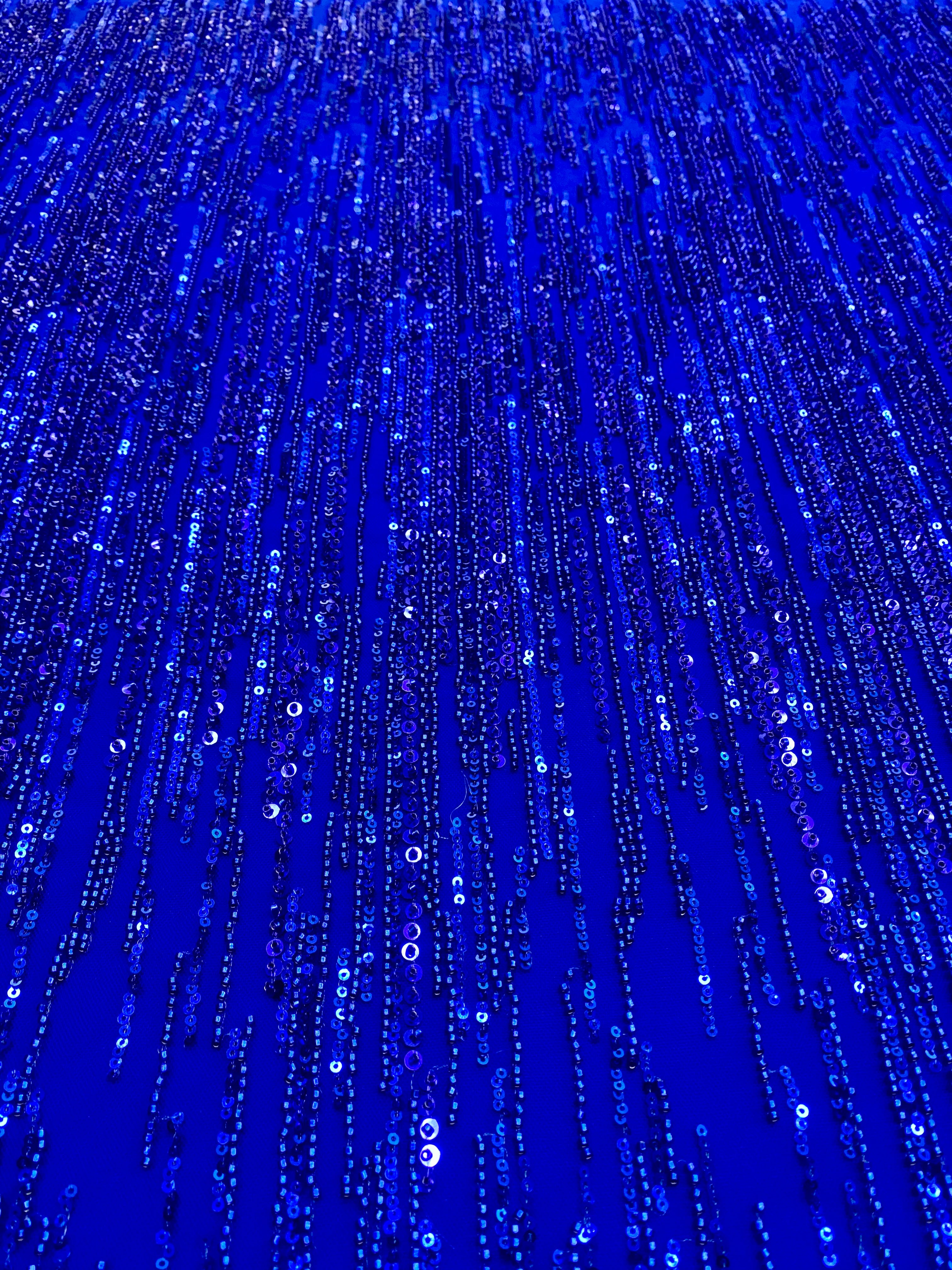 Royal Blue Couture Lace with Linear Pattern, Beads and Sequins