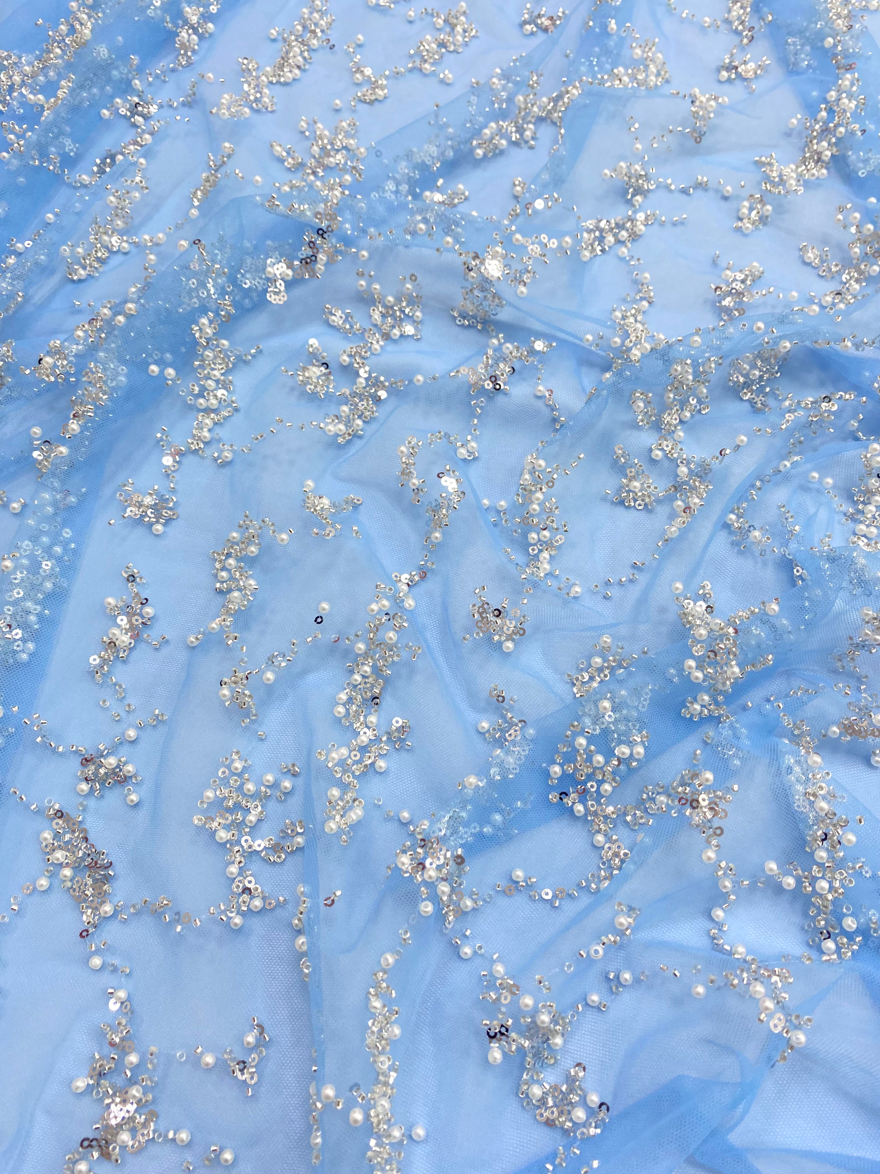 Silver Couture Lace on Blue Tulle, with Symmetrical Pattern, with Beads and Sequins 