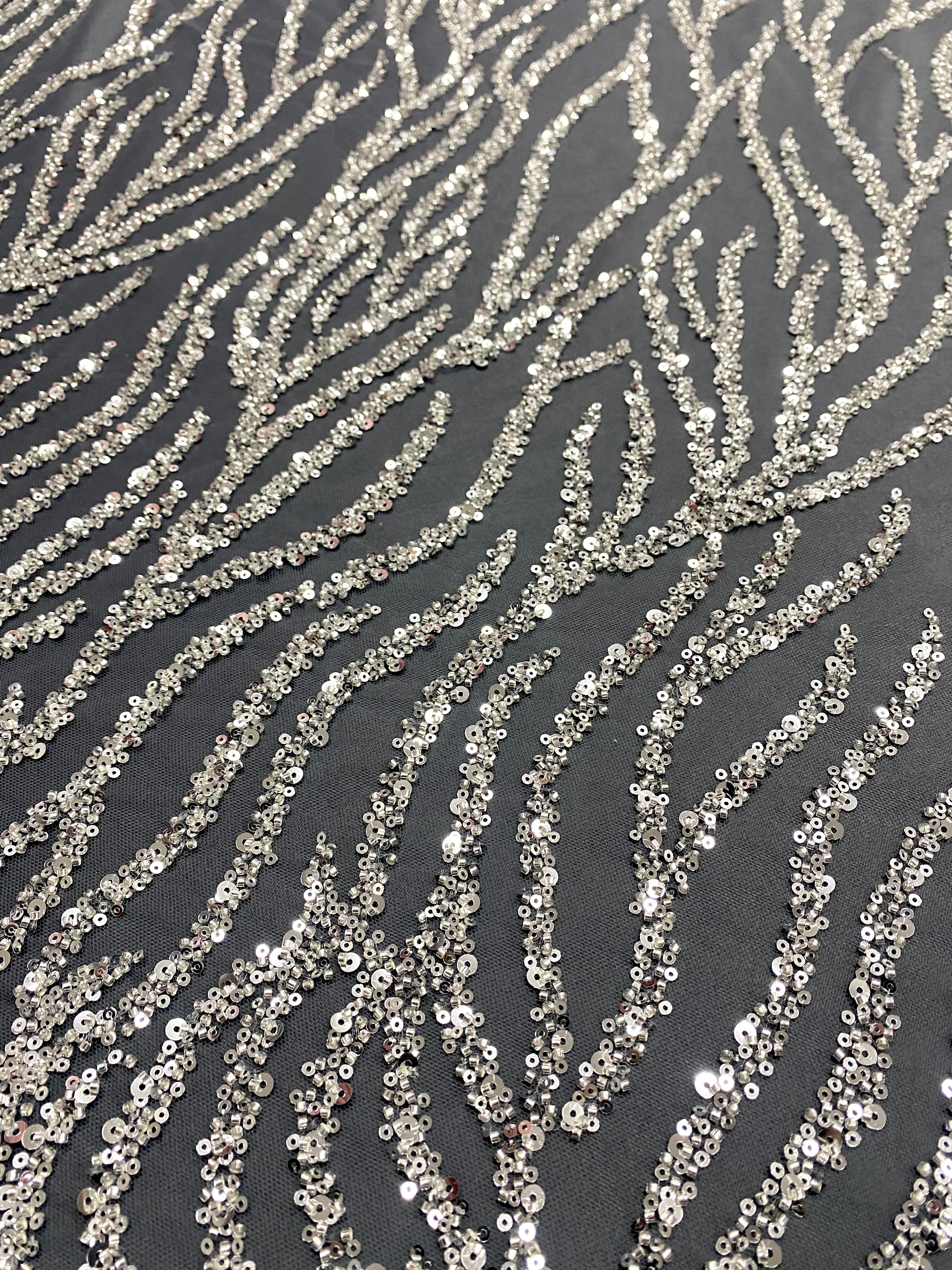 Silver Couture Lace on Anthracite Tulle with Strings, Beads and Sequins