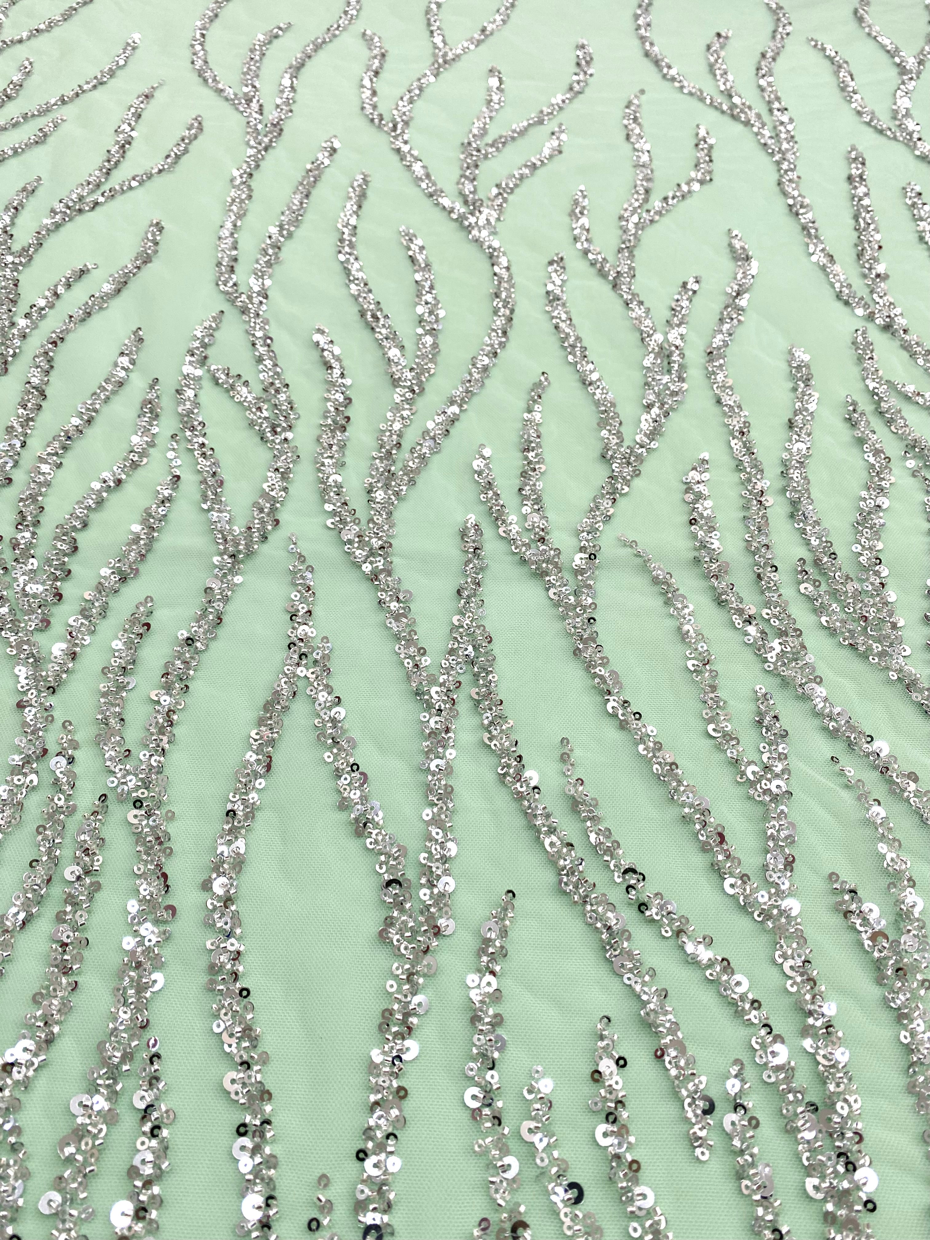Silver Couture Lace on Mint Green Tulle with Strings, Beads and Sequins