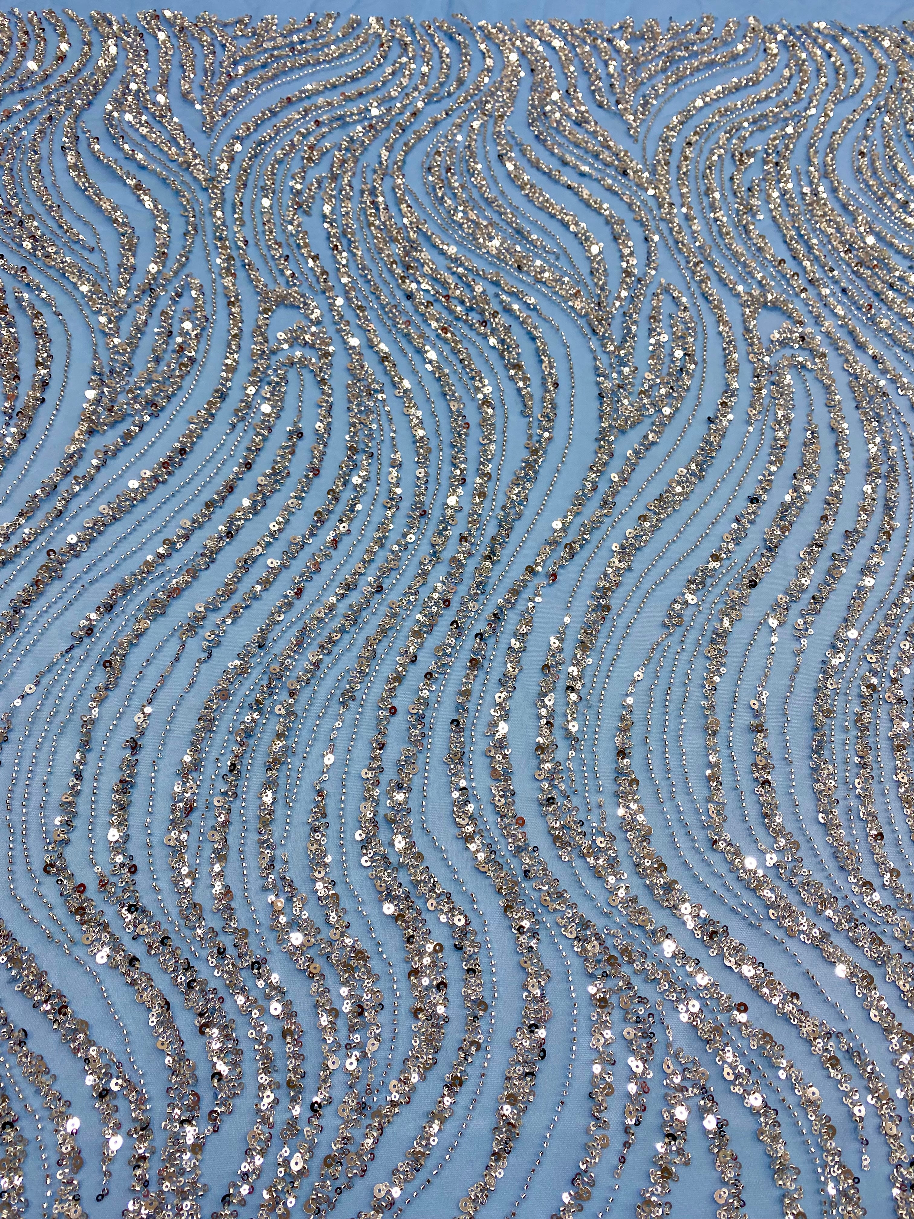 Silver Lace with Linear Pattern, with Pearls and Sequins