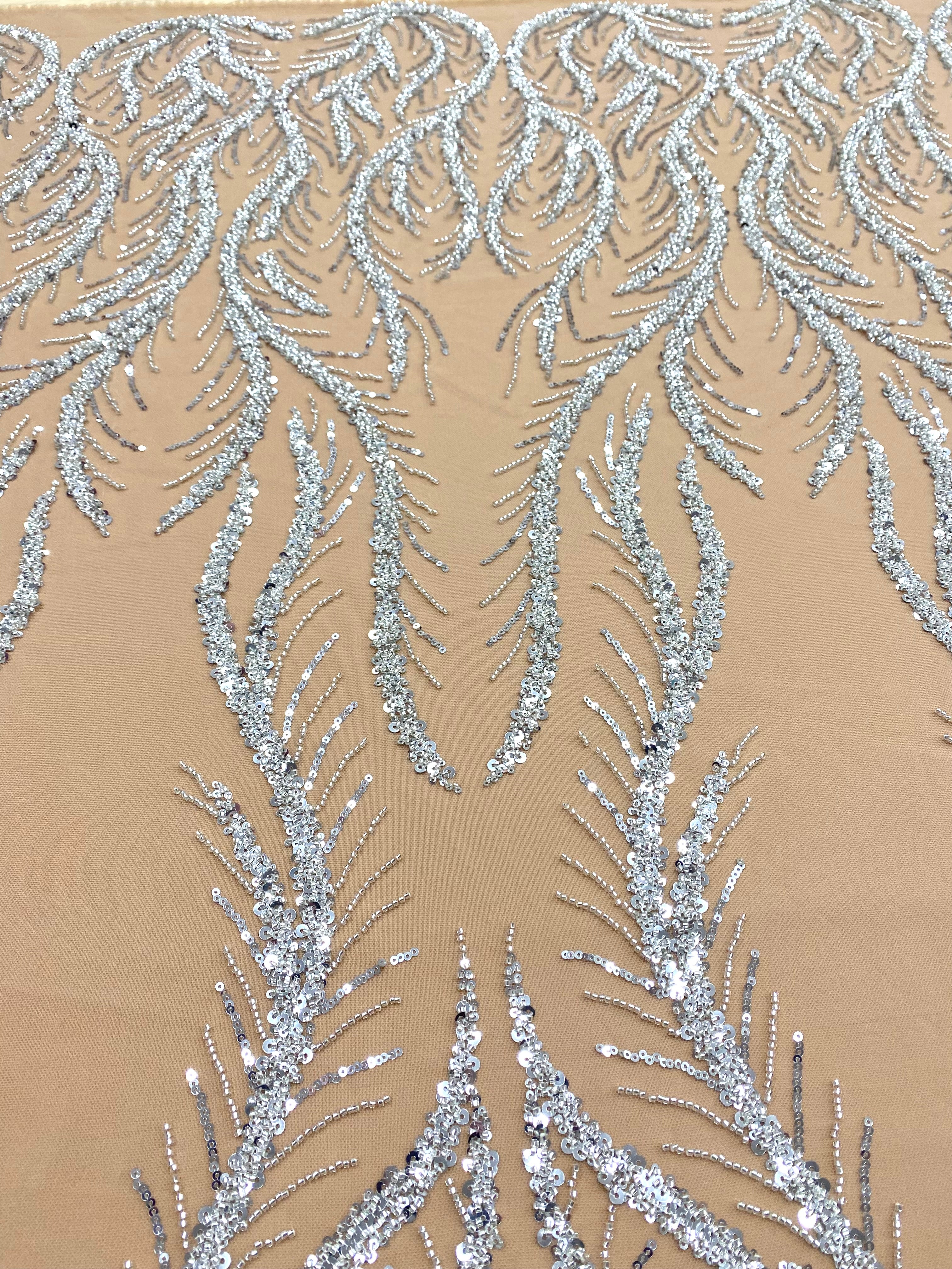 Silver Couture Lace on Nude Tulle with Panel, Beading and Sequins