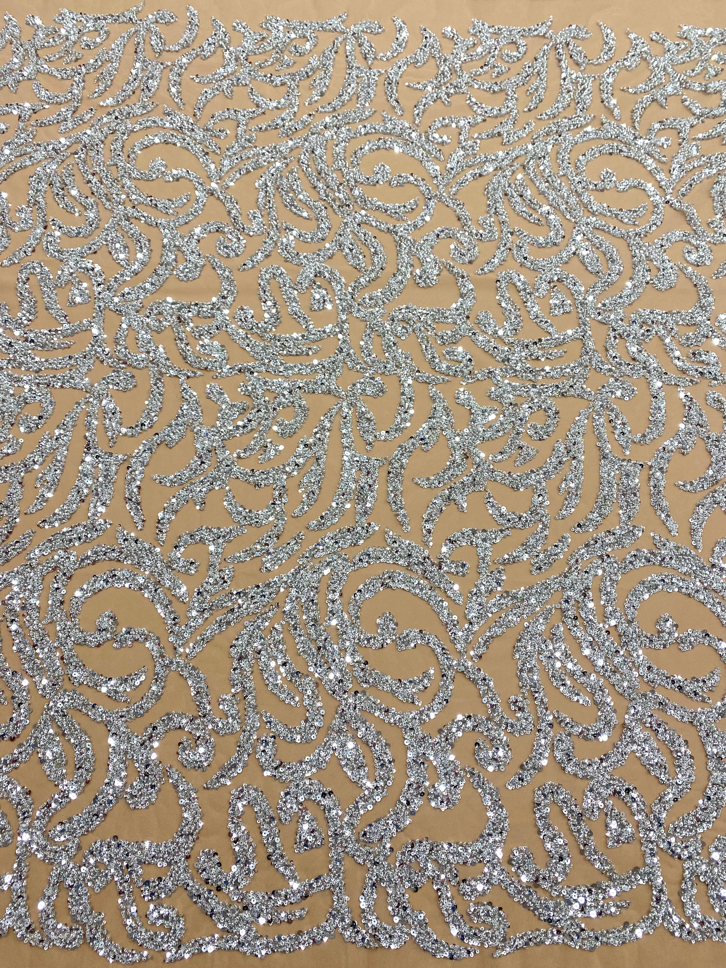 Silver Couture Lace on Nude Tulle with Beads and Sequins 