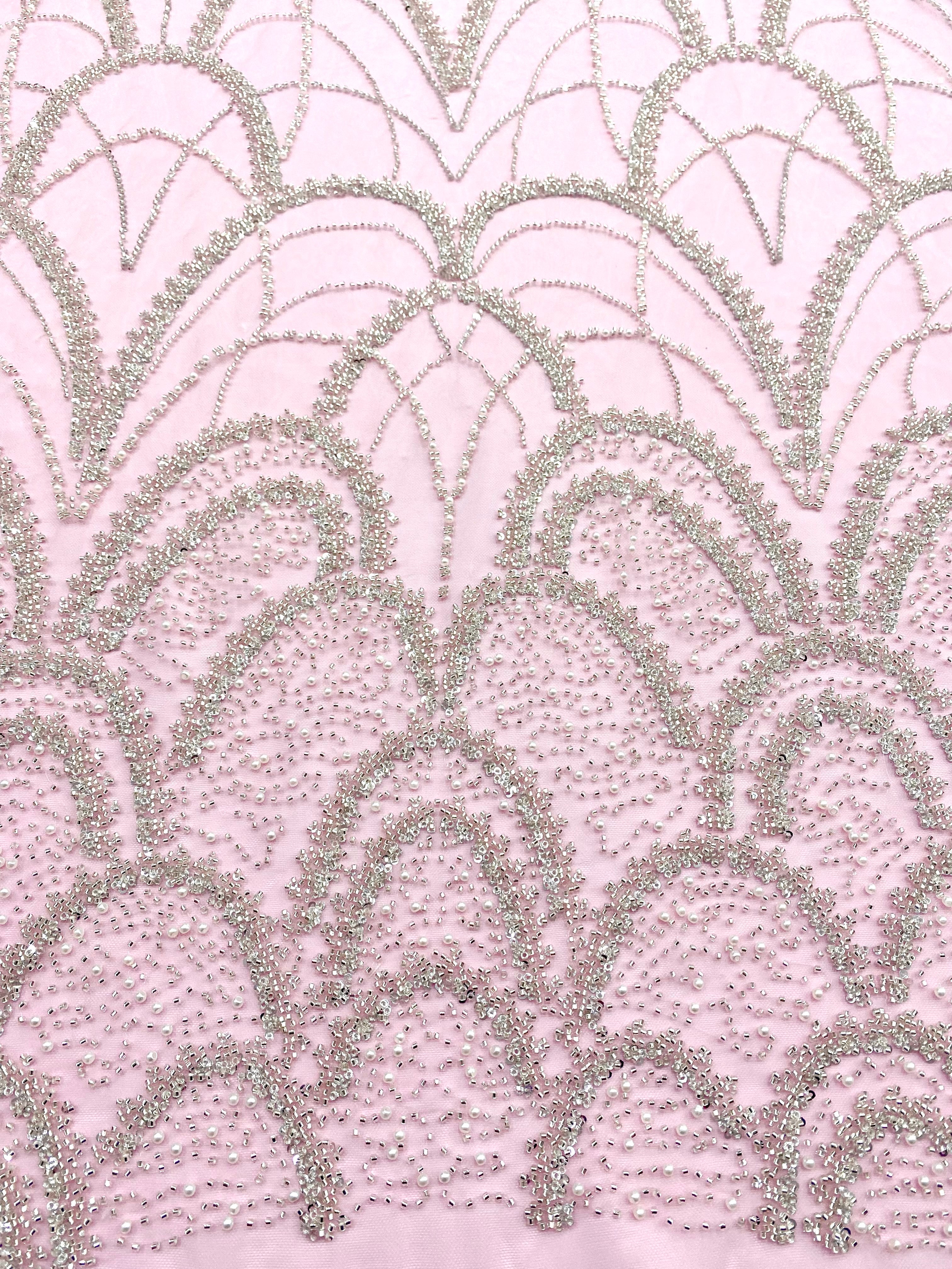 Silver Couture Lace on Pink Tulle with Geometric Pattern, with Pearls, Beads and Sequins