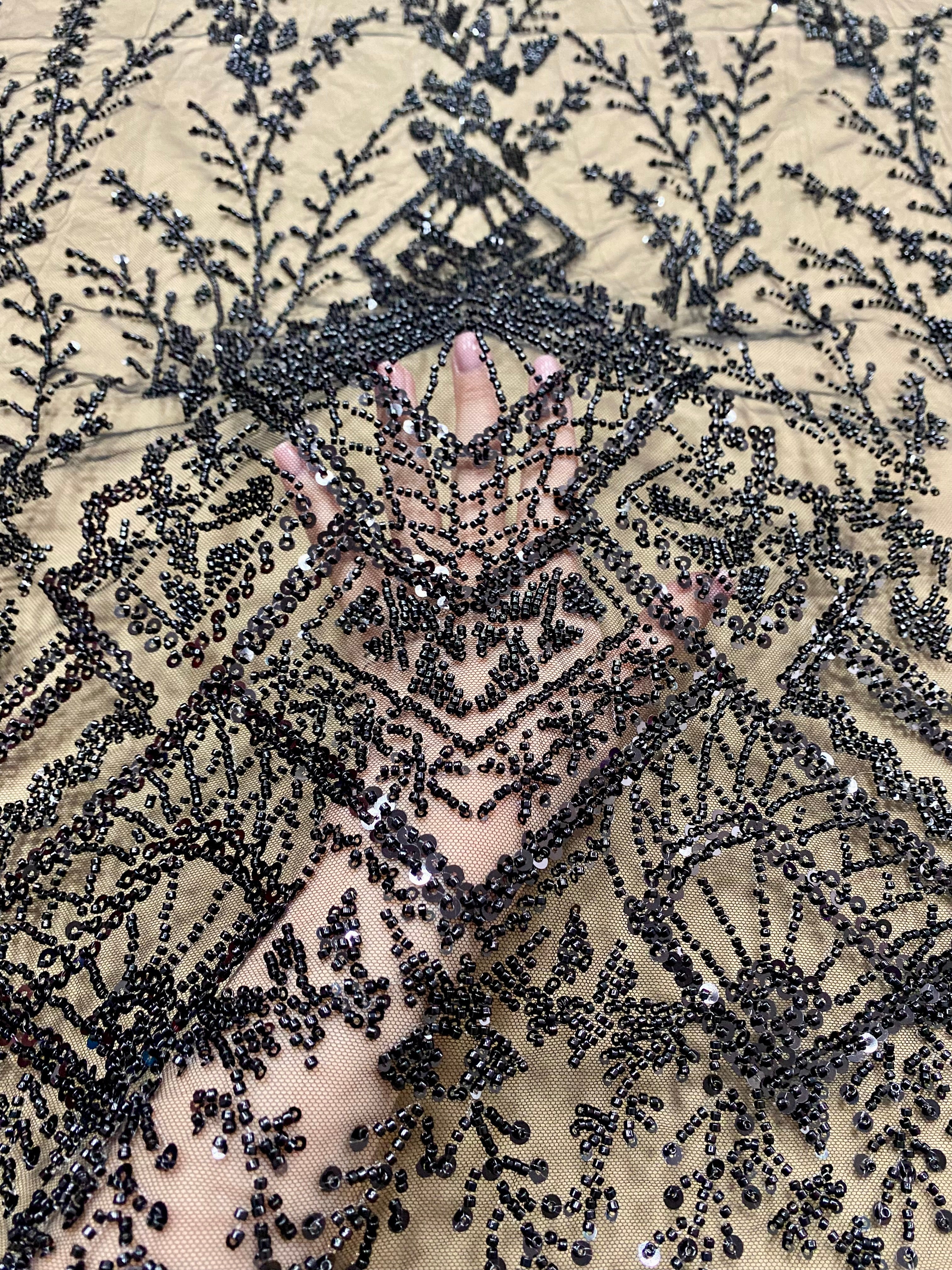 Black Couture Lace with Geometric Pattern, Beads and Sequins