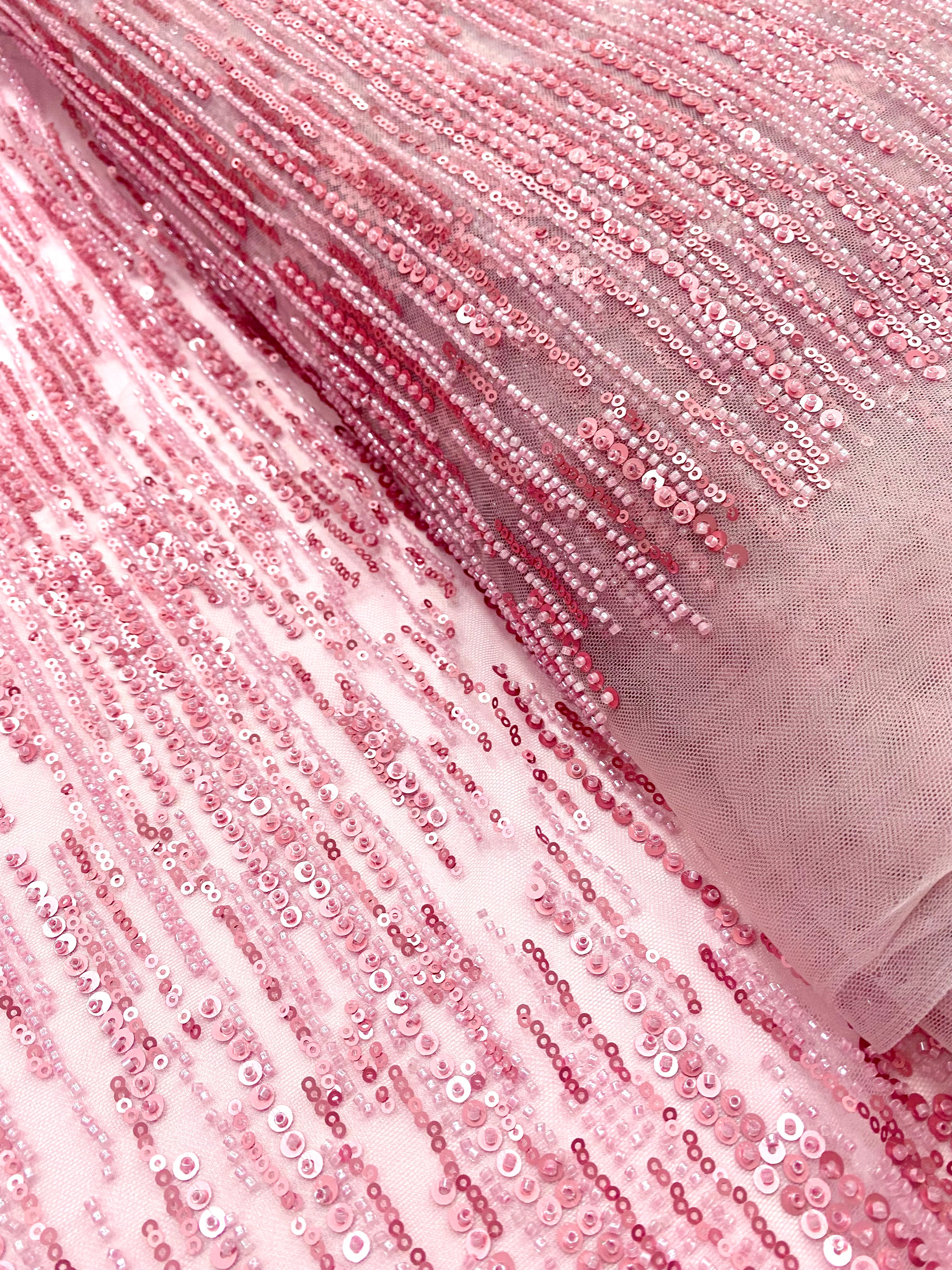 Pink Couture Lace with Linear Pattern, with Beads and Sequins 