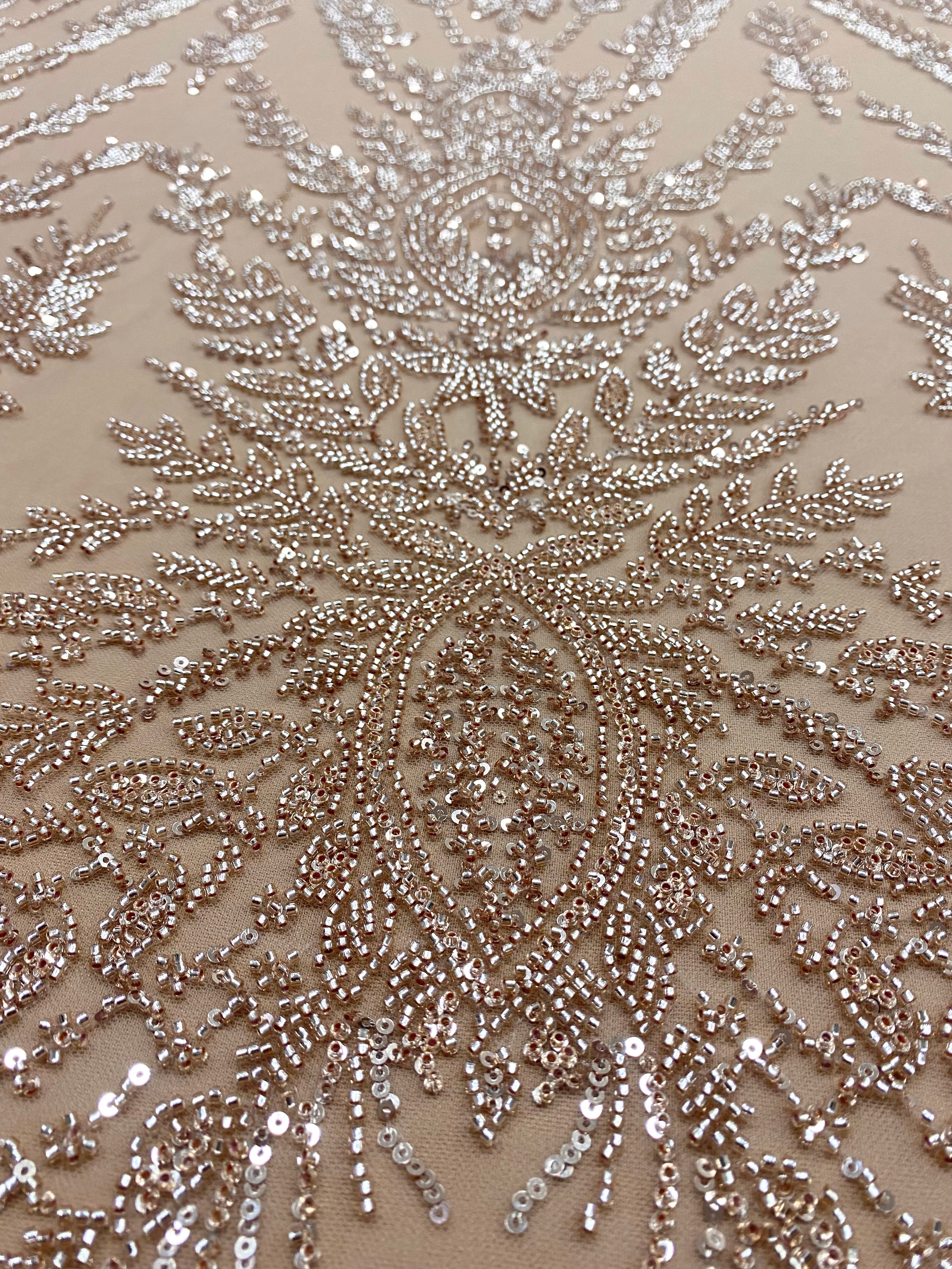 Rose Gold Couture Lace with Symmetrical Pattern, with Beads and Sequins 