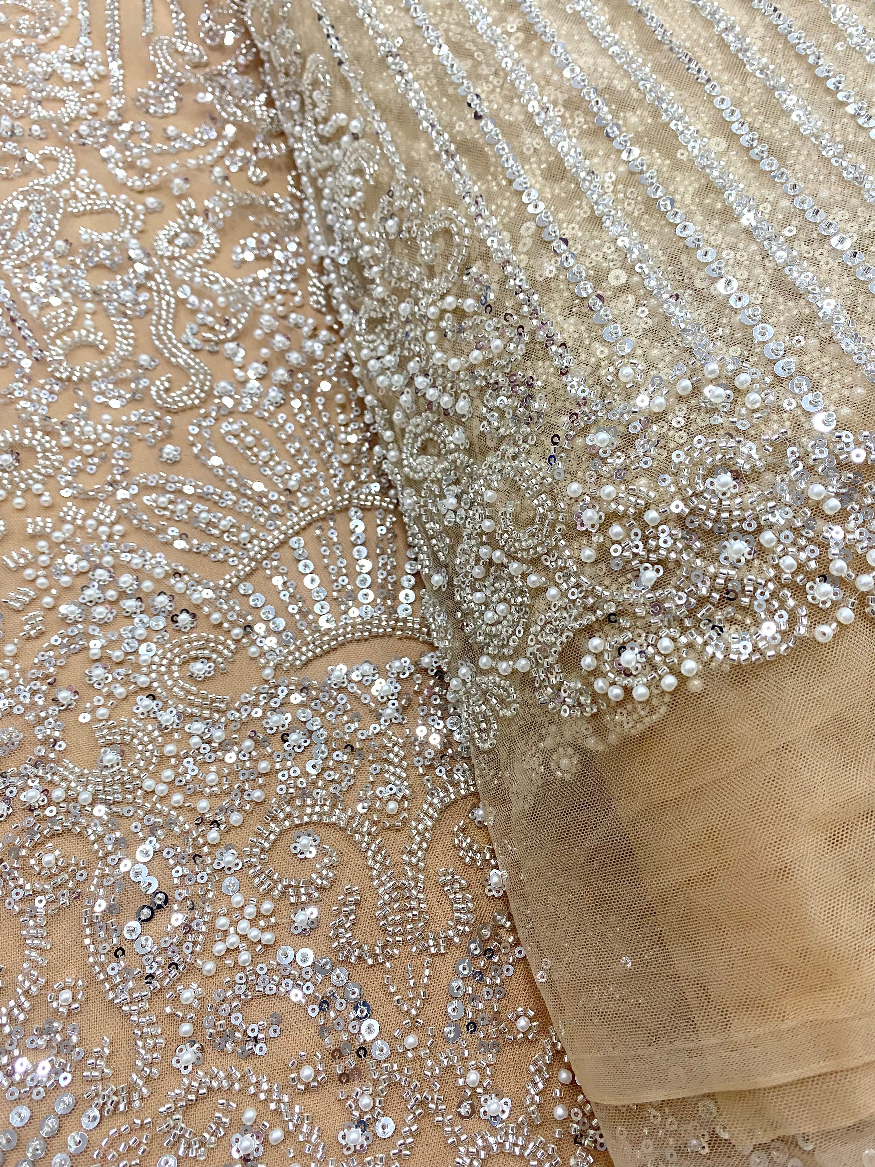 Silver Couture Lace on Nude Tulle with Geometric Pattern, with Pearls, Beads and Sequins