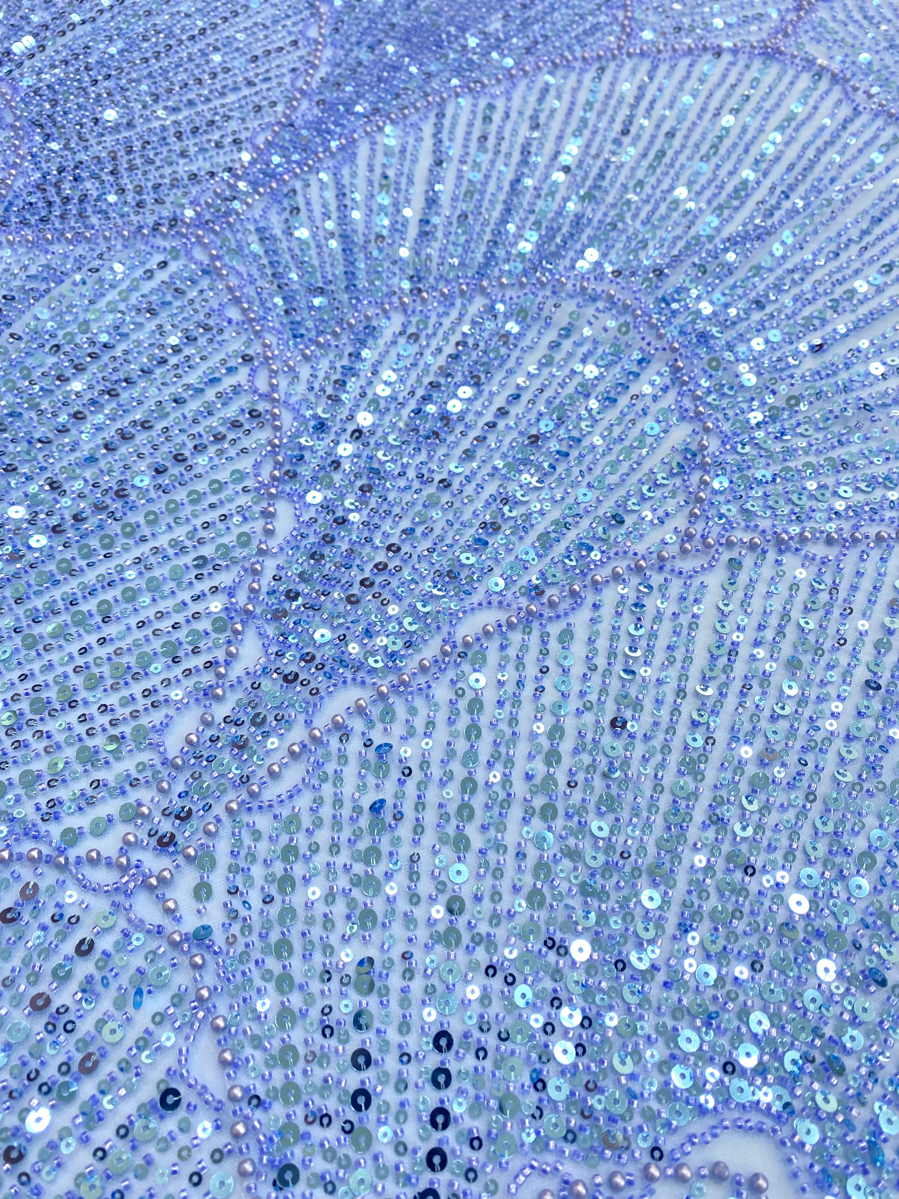 Dantela Couture Sky Blue cu Model Geometric, cu Perle, Margele si Paiete