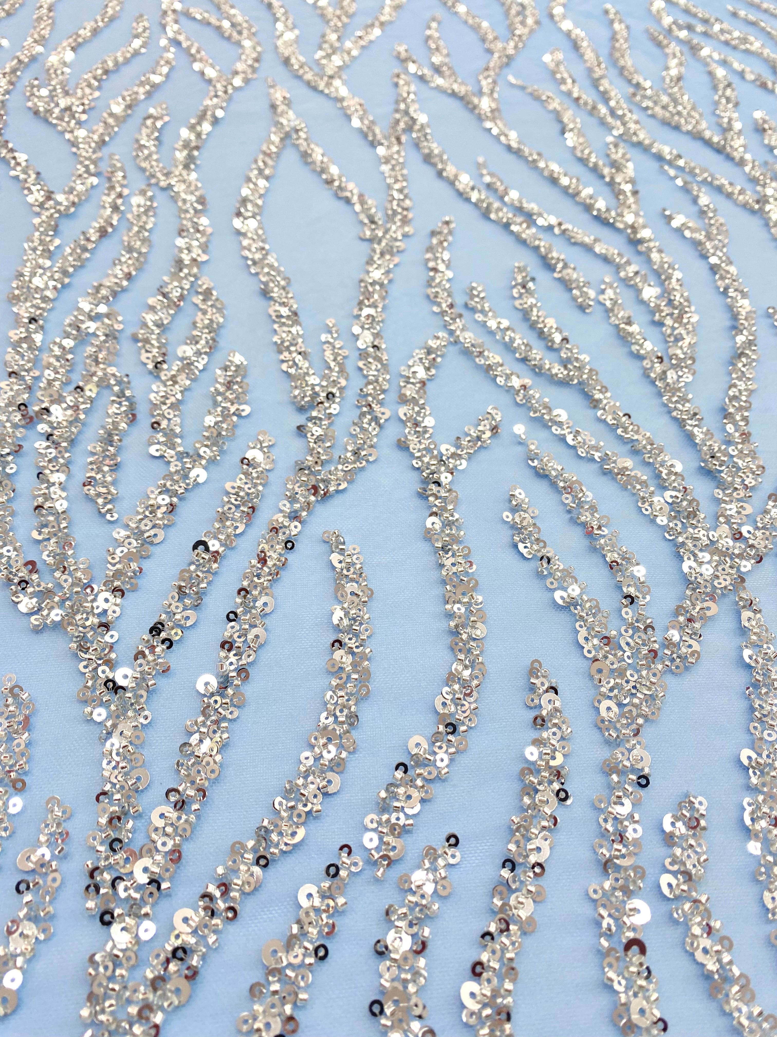 Silver Couture Lace on Blue Tulle, with Symmetrical Pattern, with Beads and Sequins 