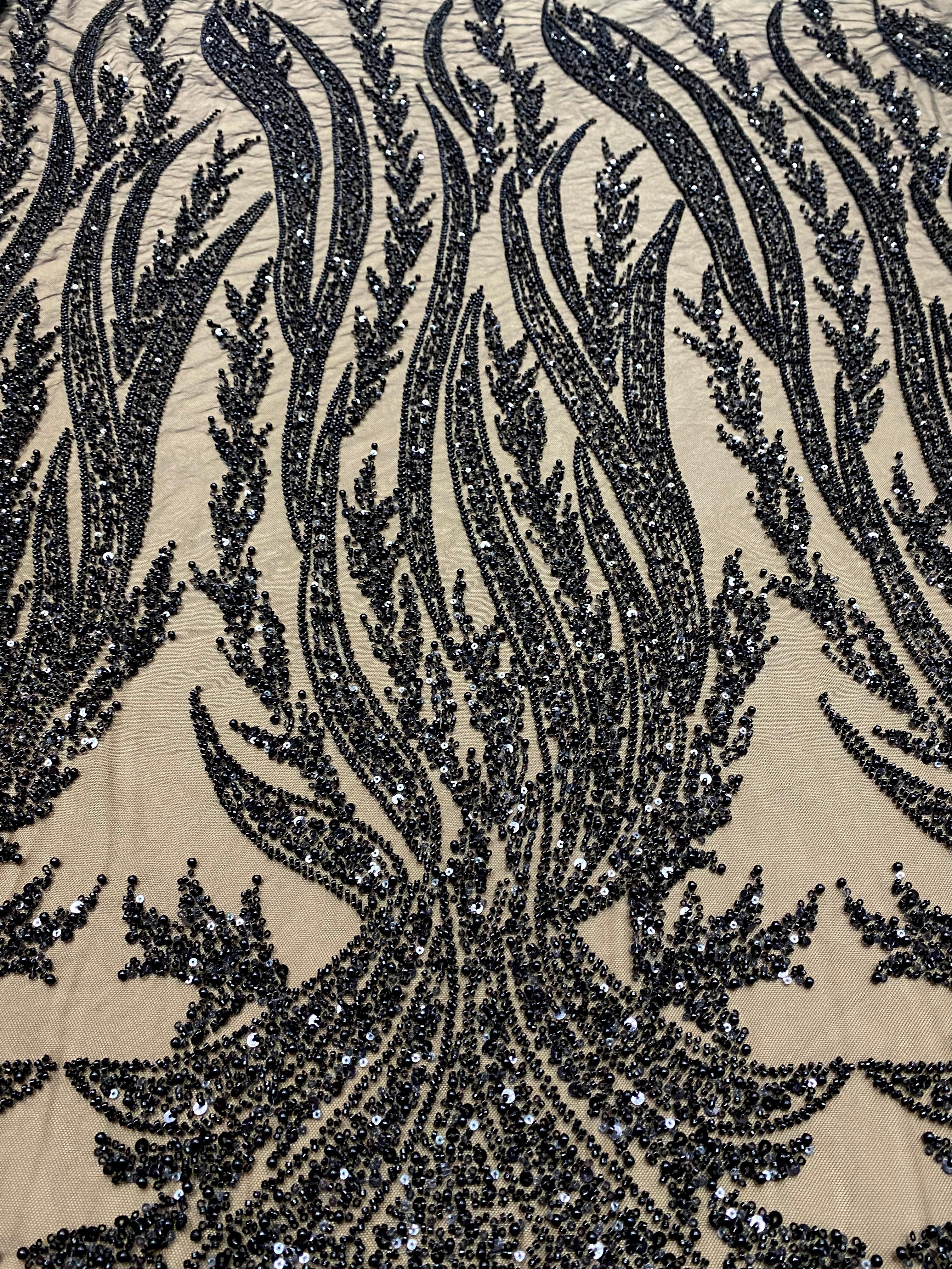 Silver Couture Lace on Blue Tulle, with Symmetrical Pattern, with Beads and Sequins 