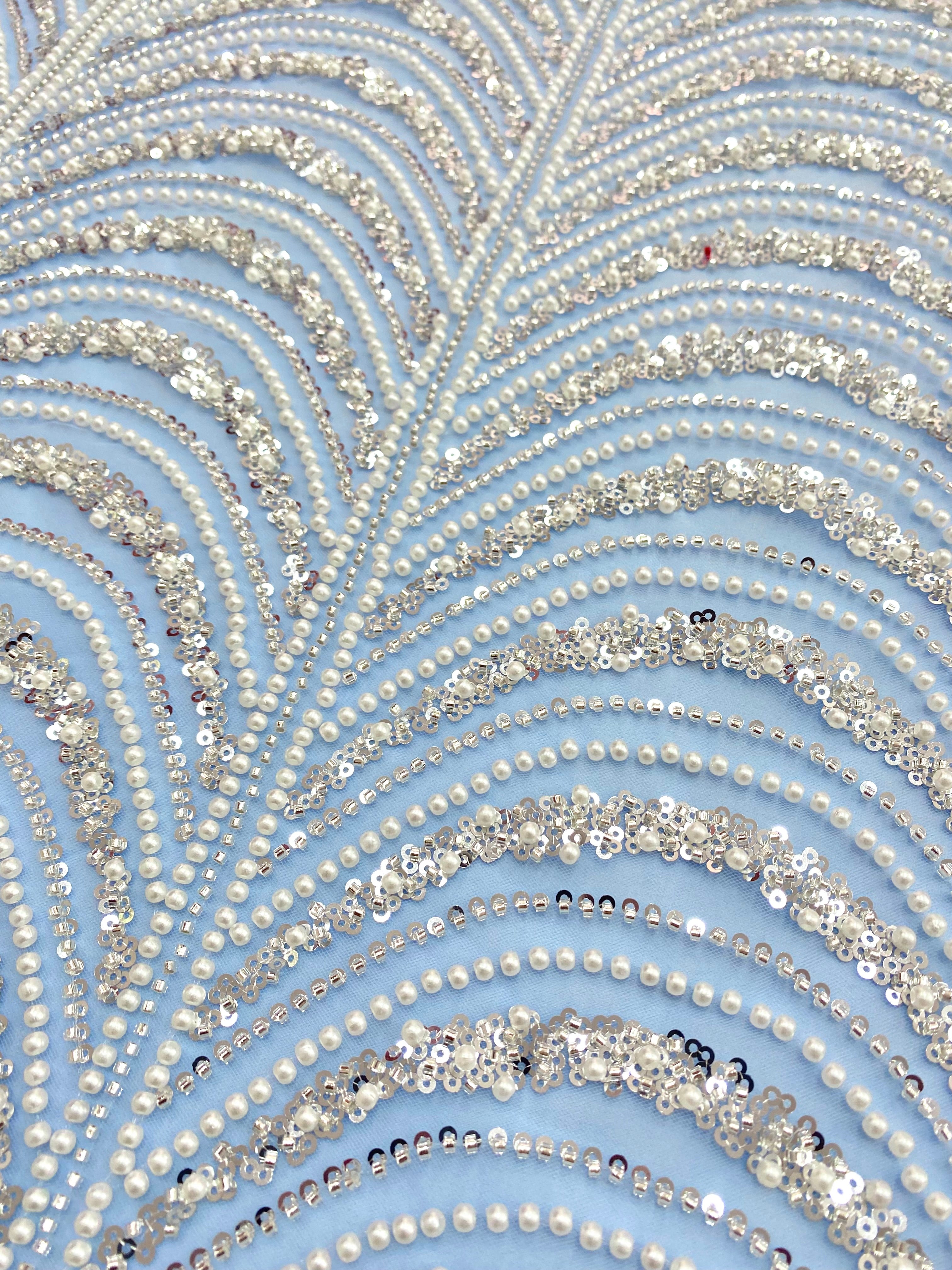 Silver Couture Lace on Blue Tulle, with Symmetrical Pattern, with Beads and Sequins 