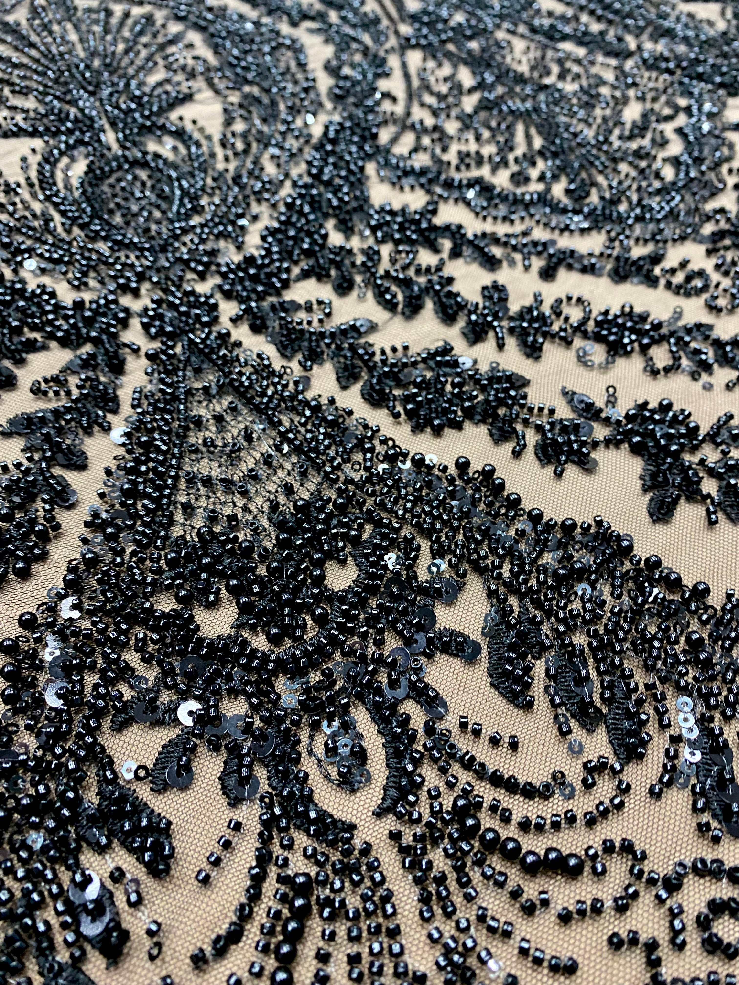 Black Couture Lace with Geometric Pattern, with Pearls, Beads and Sequins