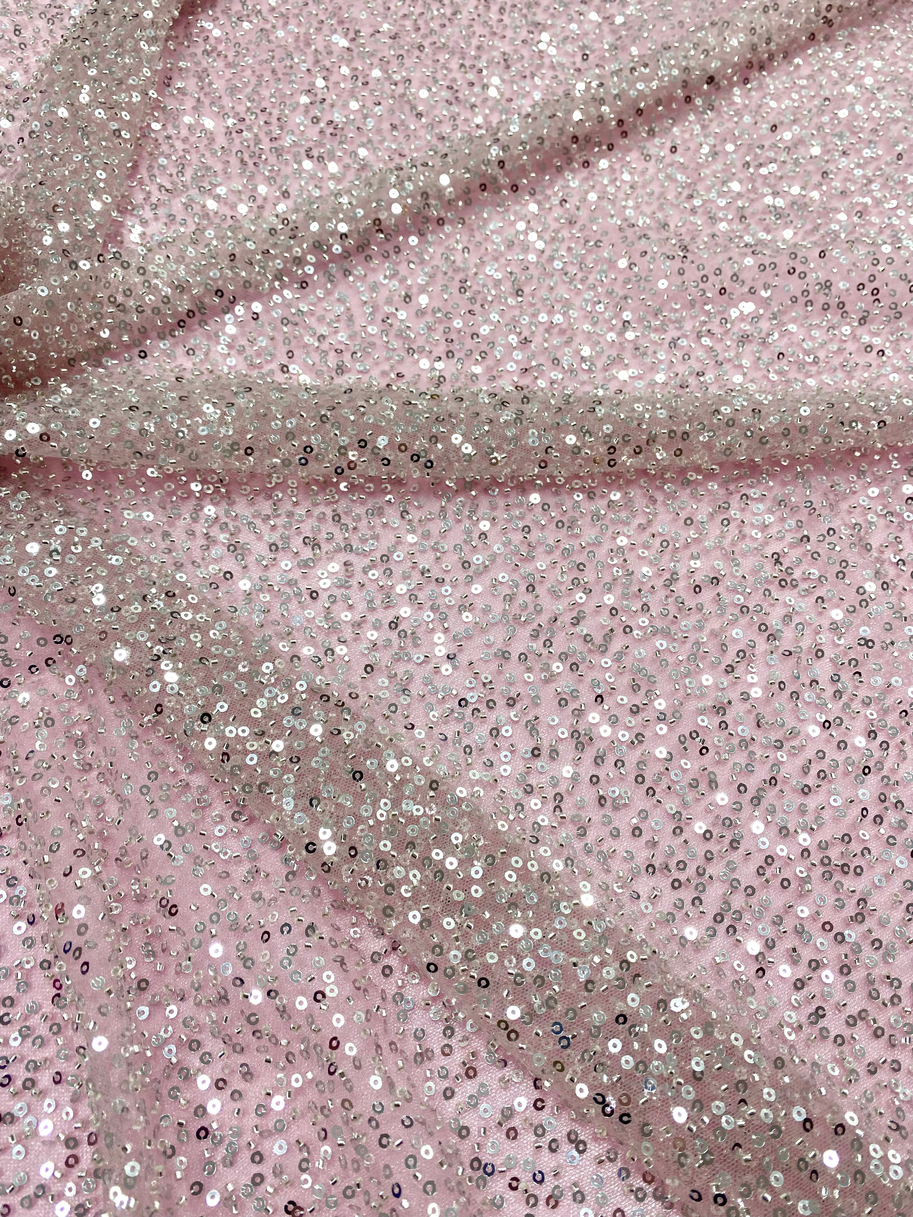 Silver Couture Lace on Pink Tulle with General Pattern, with Beads and Sequins