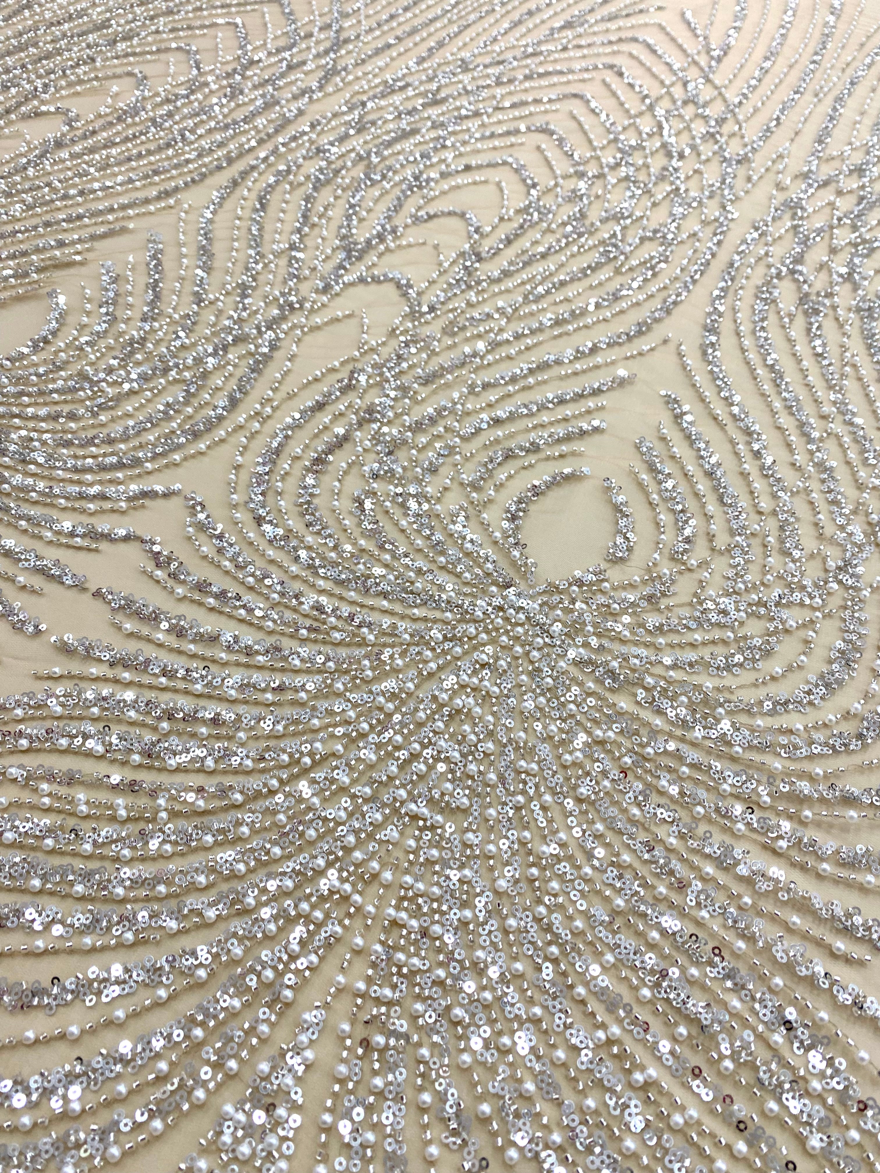 Silver Couture Lace on Nude Tulle with Panel, with Pearls, Beads and Sequins