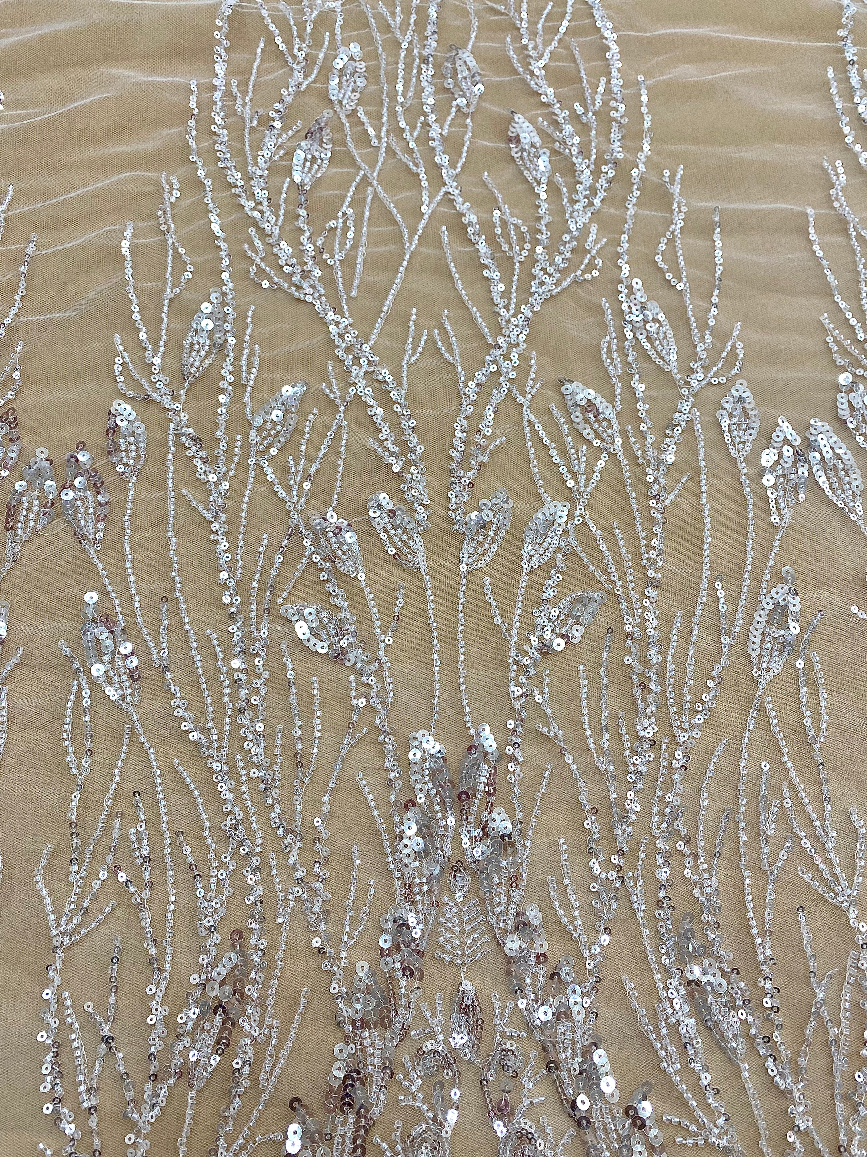 Silver Lace with Linear Pattern, with Pearls and Sequins