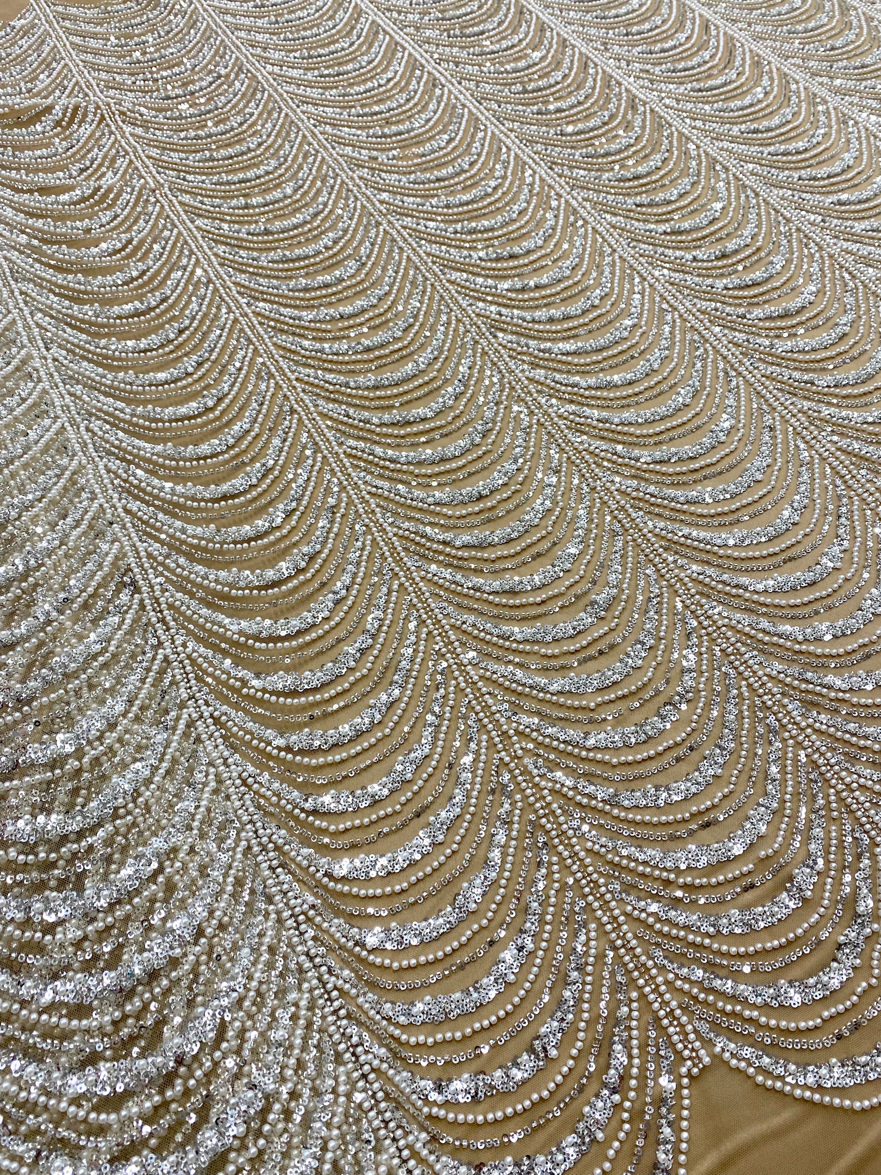 Silver Lace with Linear Pattern, with Pearls and Sequins