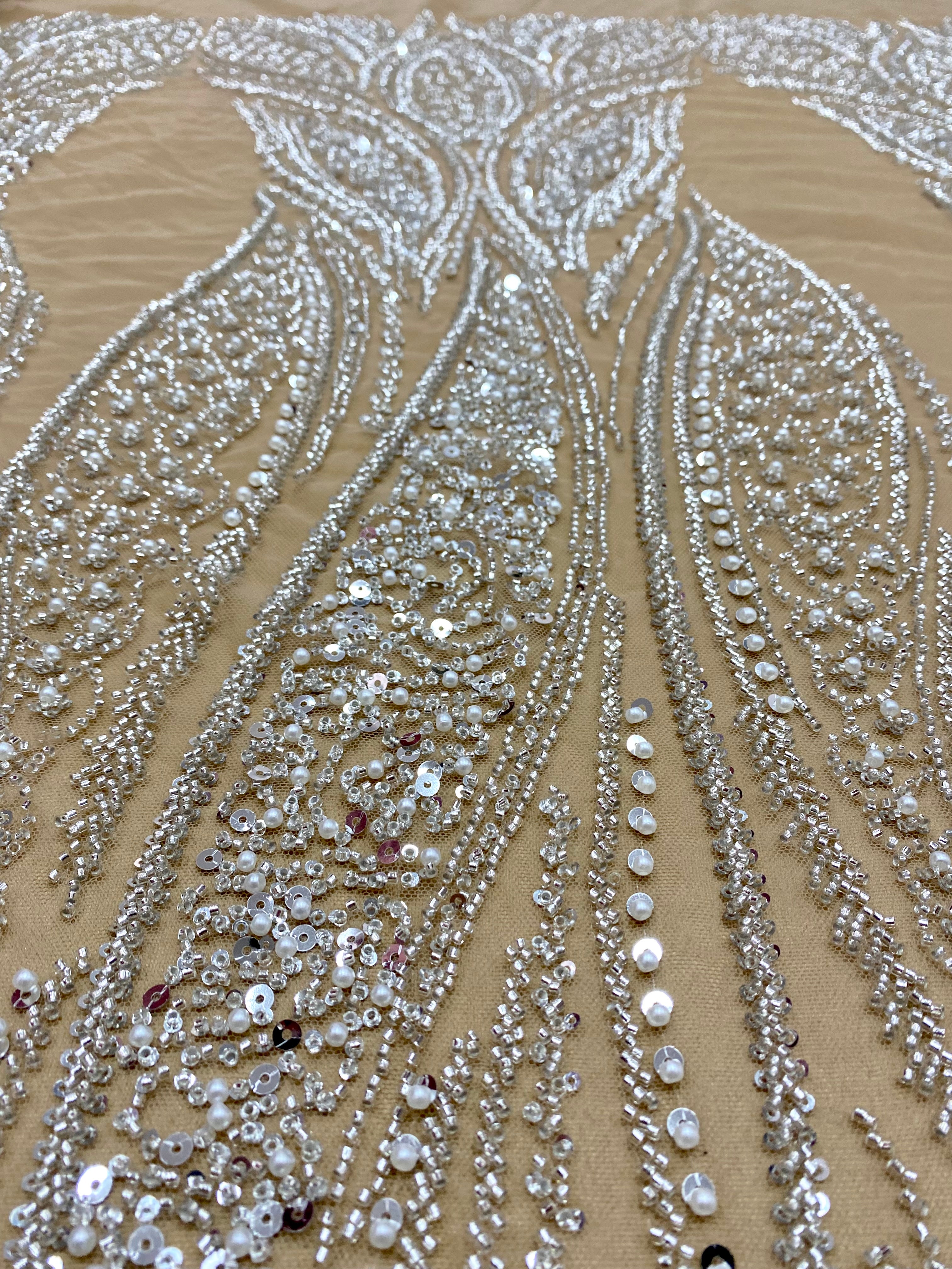 Silver Lace with Linear Pattern, with Pearls and Sequins