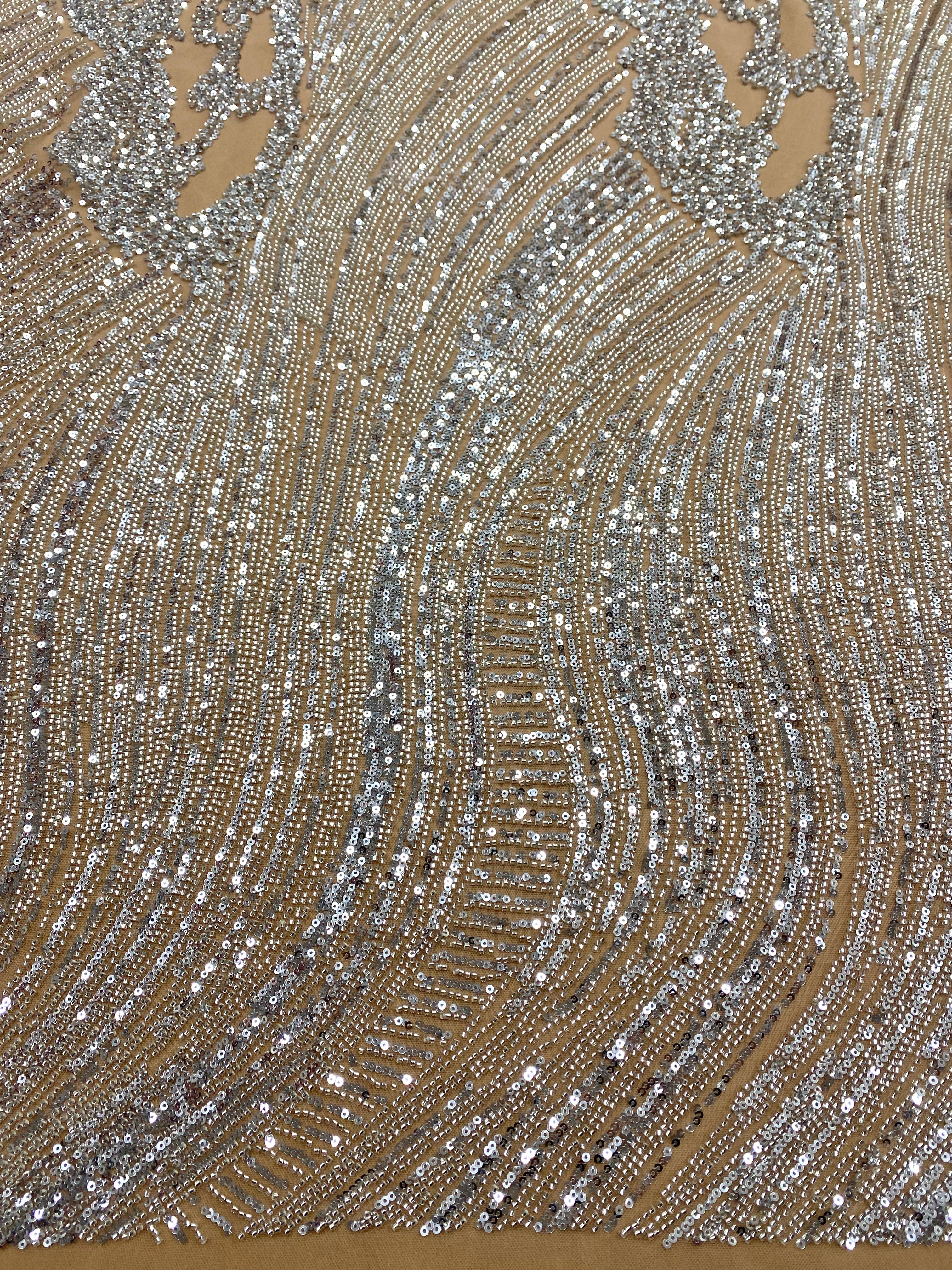 Silver Couture Lace on Nude Tulle with Geometric Pattern, Beads and Sequins