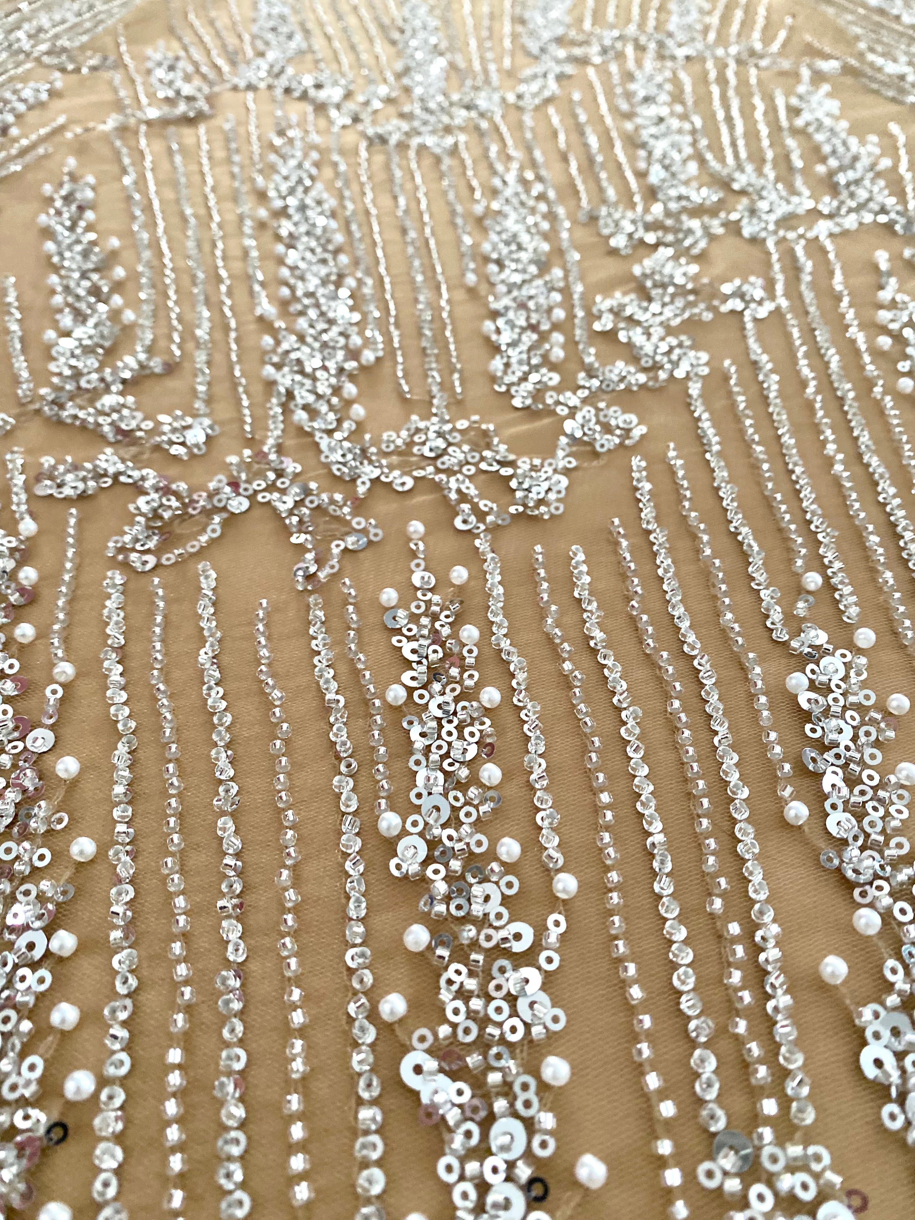0.9m Voucher of Silver Couture Lace on Champagne Tulle, with Symmetrical Pattern, with Beads and Sequins 