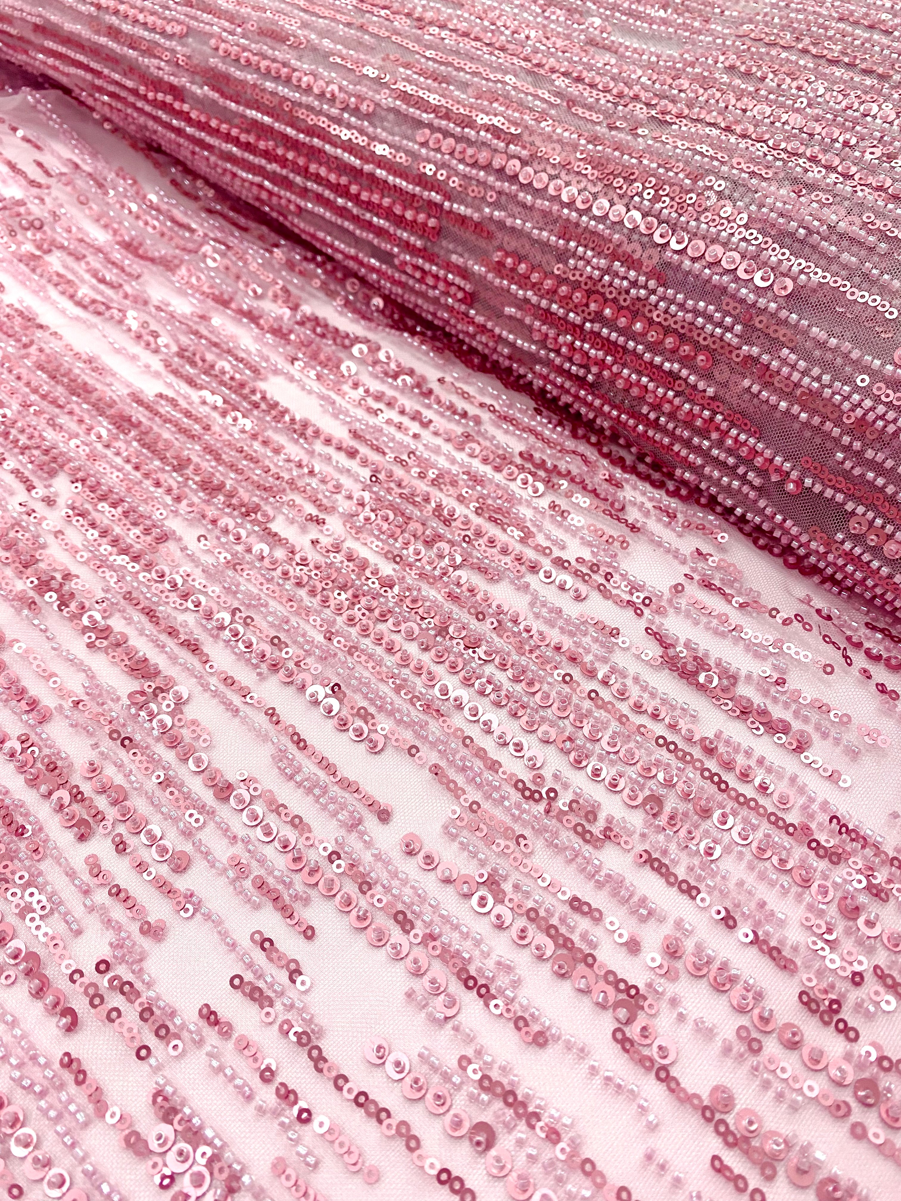 Pink Couture Lace with Linear Pattern, with Beads and Sequins 